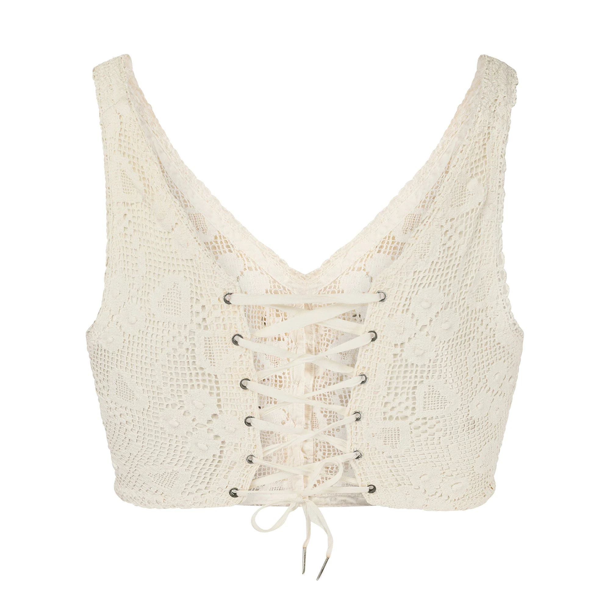 1900s Edwardian White Crochet Corset Cover with Lace-Up Back - Image 7