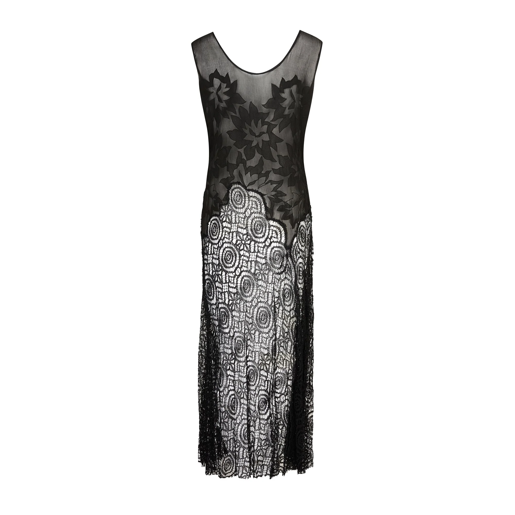 1930s Black Chiffon Applique Bodice and Lace Dress - Image 3