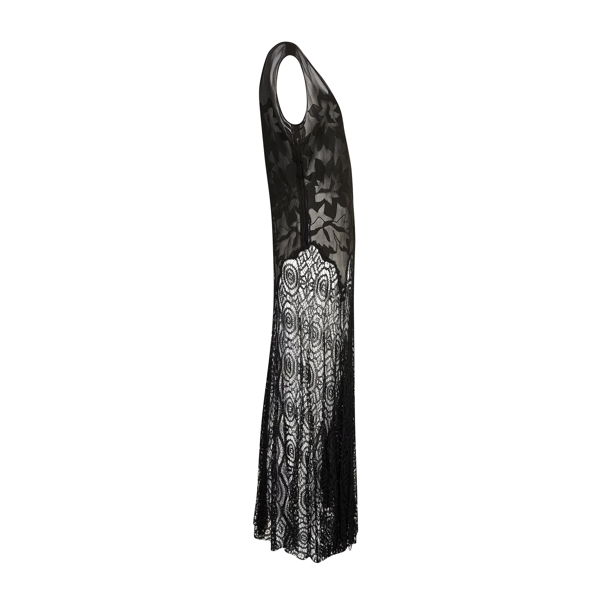 1930s Black Chiffon Applique Bodice and Lace Dress - Image 6