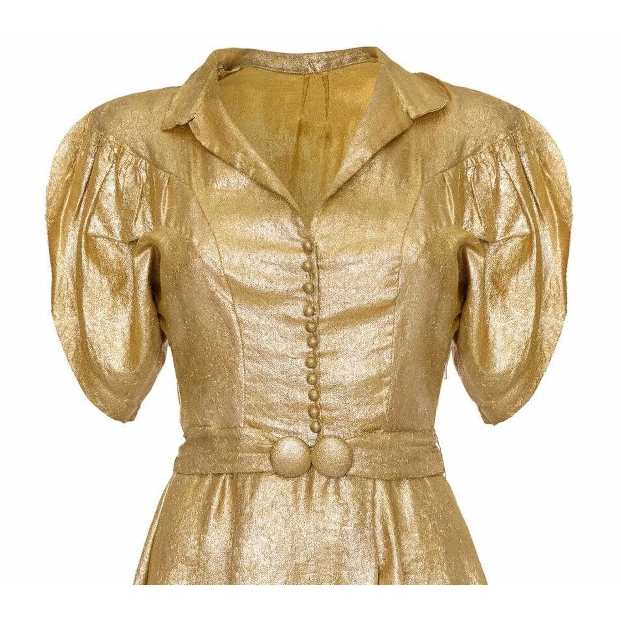 1930s Gold Lame Dress with Cape Sleeves and Matching Belt - Image 3