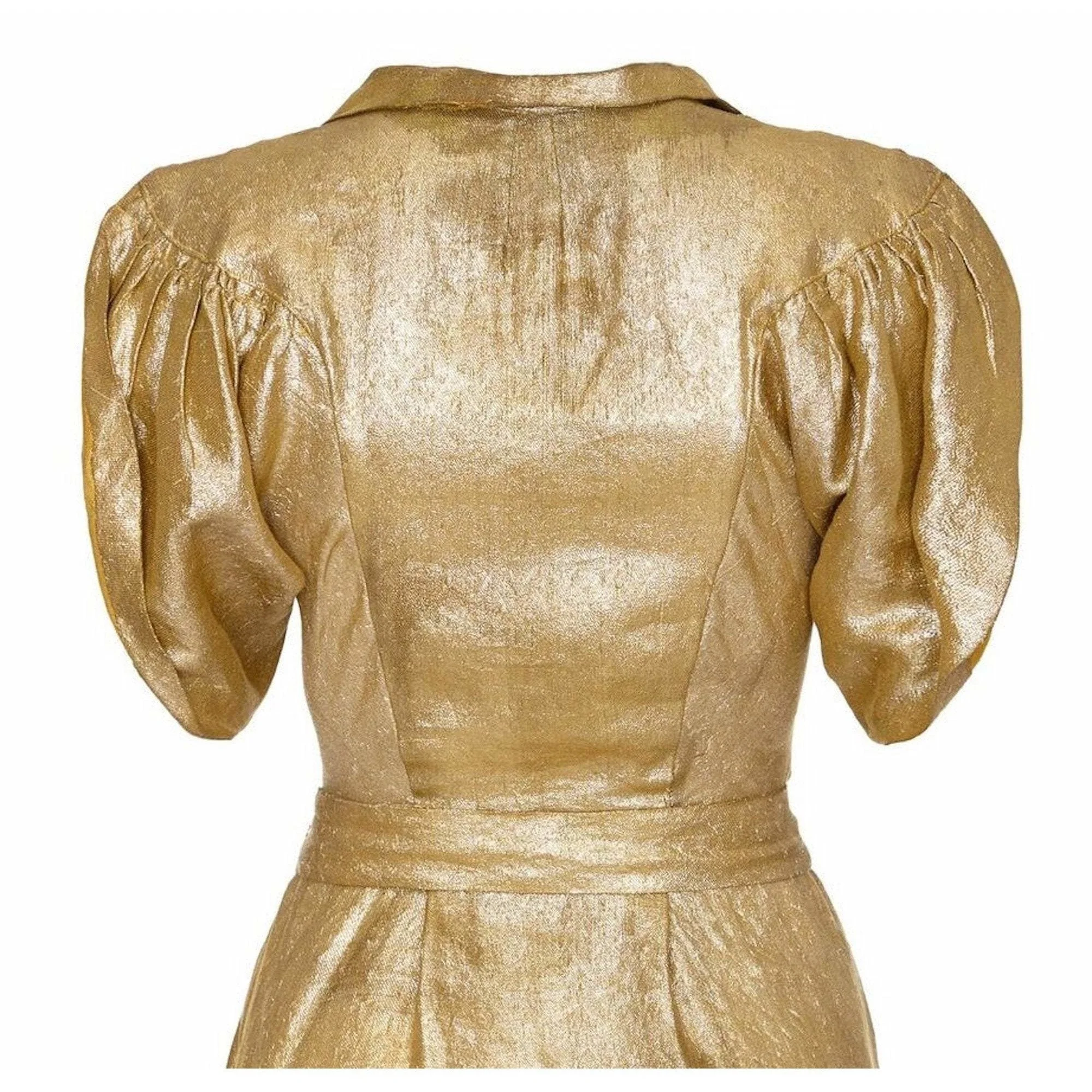 1930s Gold Lame Dress with Cape Sleeves and Matching Belt - Image 4