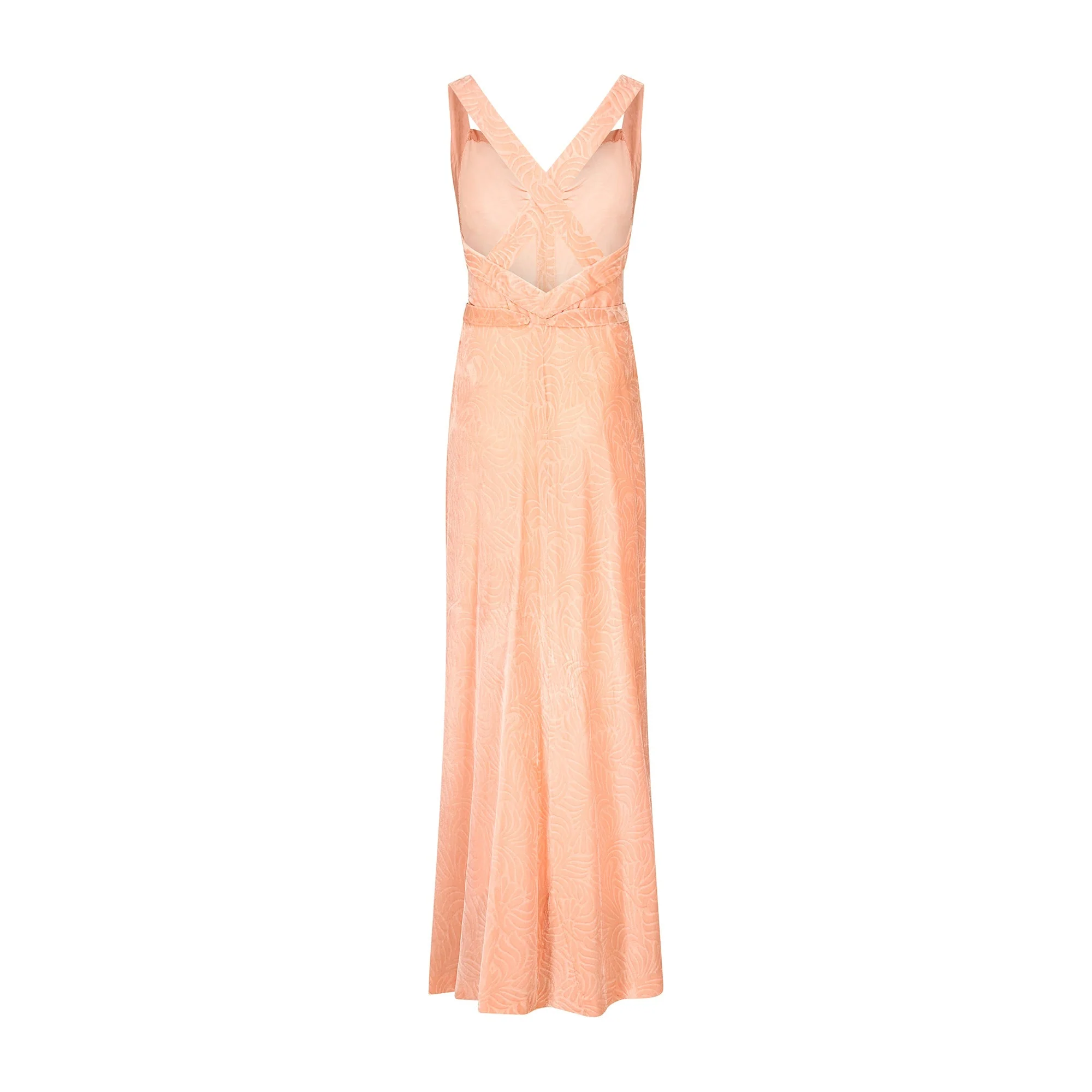 1930s Peach Pink Patterned Velvet Gown with Rhinestone Belt Buckle - Image 3