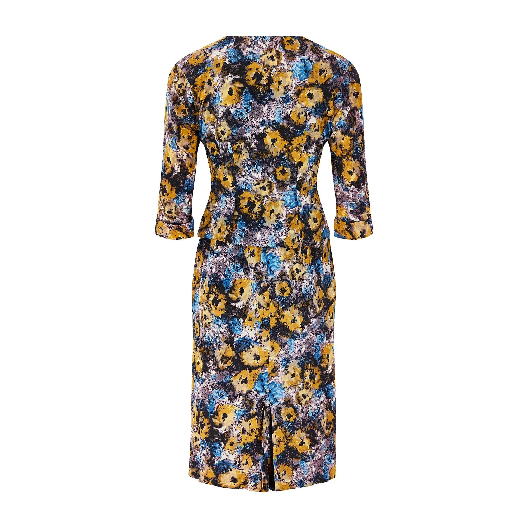 1950s Black Yellow and Blue Floral Jersey Dress Suit - Image 3