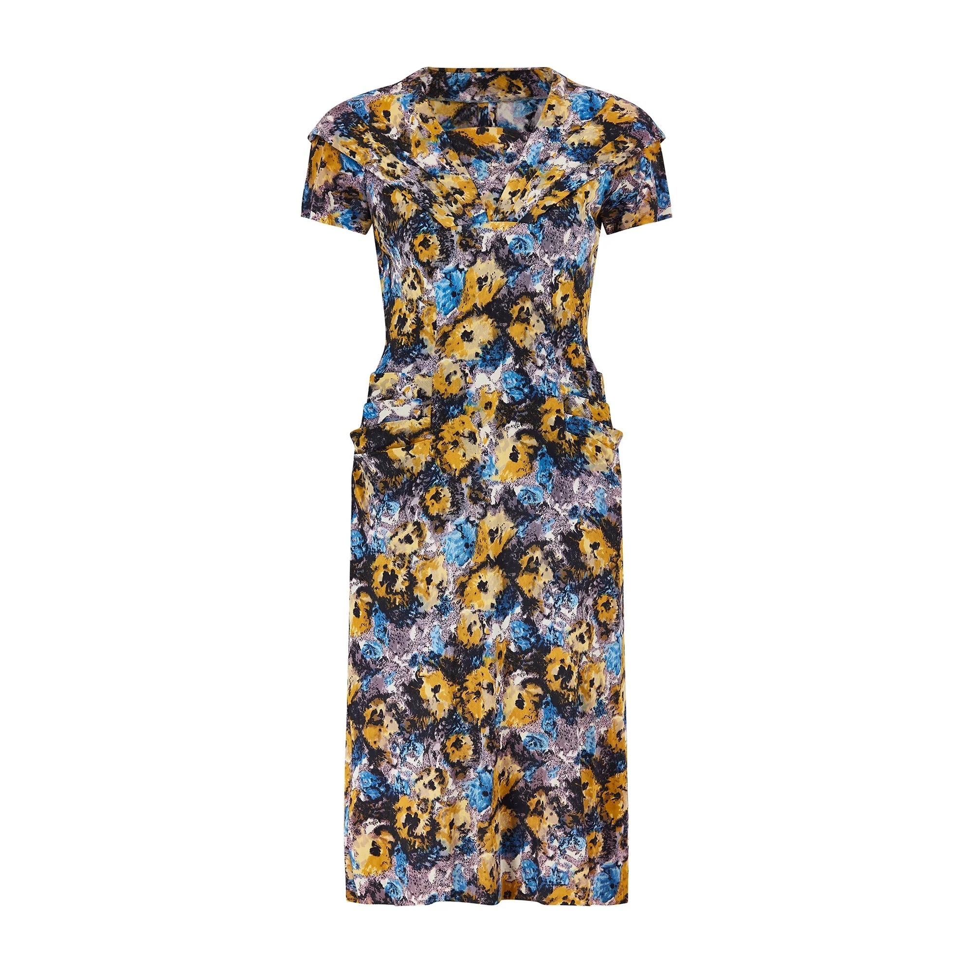 1950s Black Yellow and Blue Floral Jersey Dress Suit - Image 4