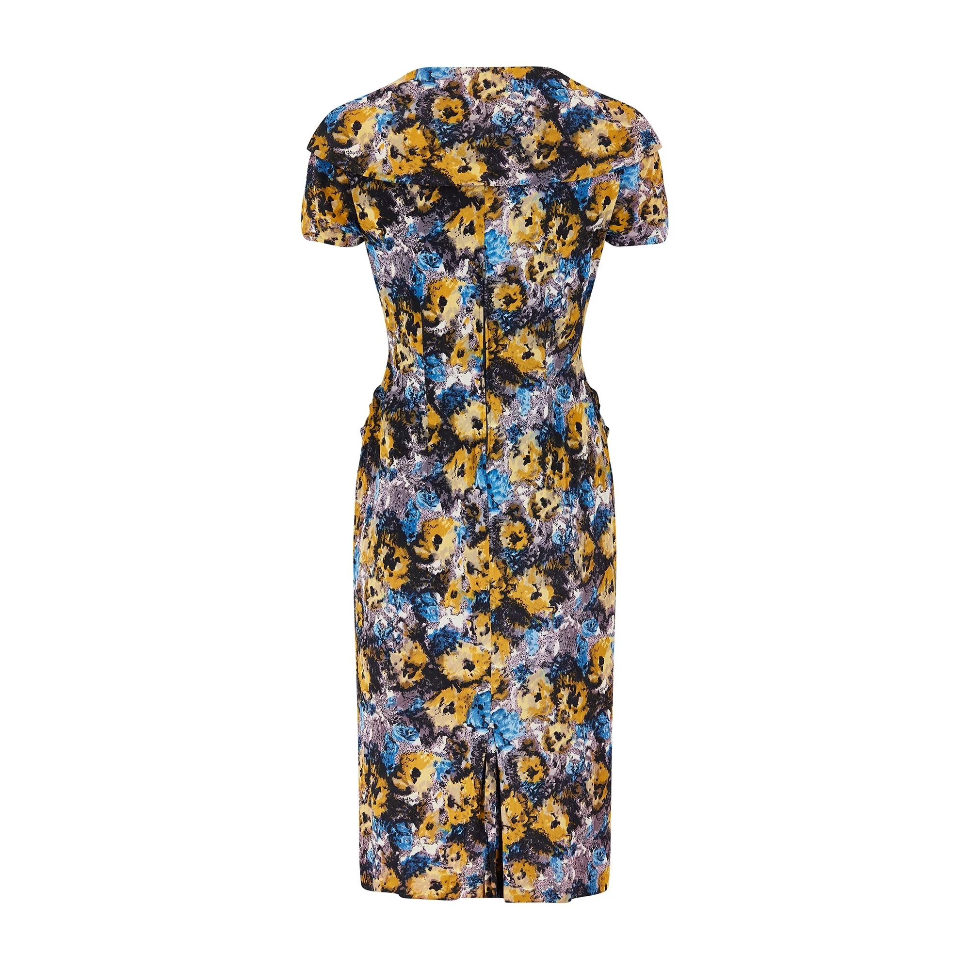 1950s Black Yellow and Blue Floral Jersey Dress Suit - Image 5