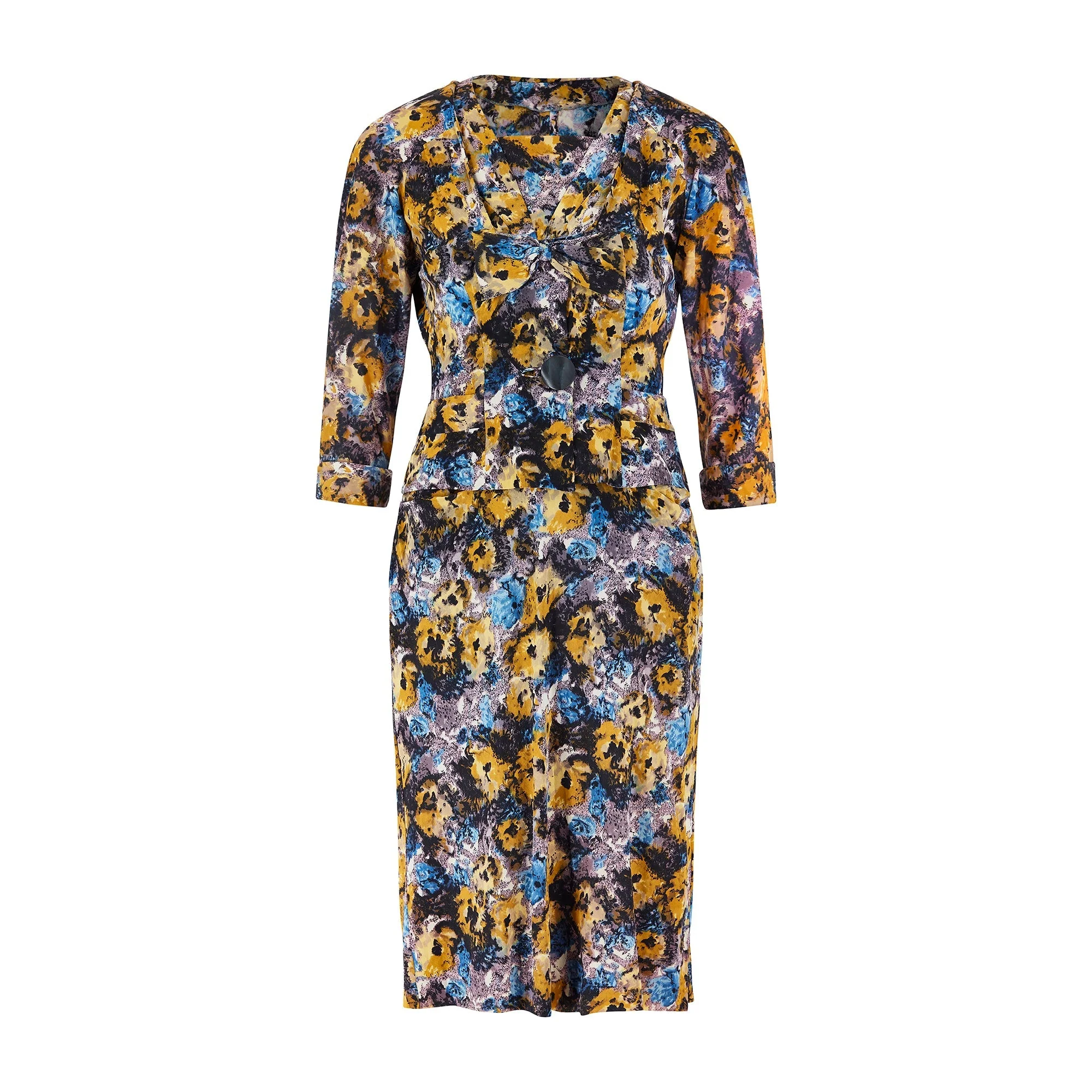 1950s Black Yellow and Blue Floral Jersey Dress Suit - Image 7