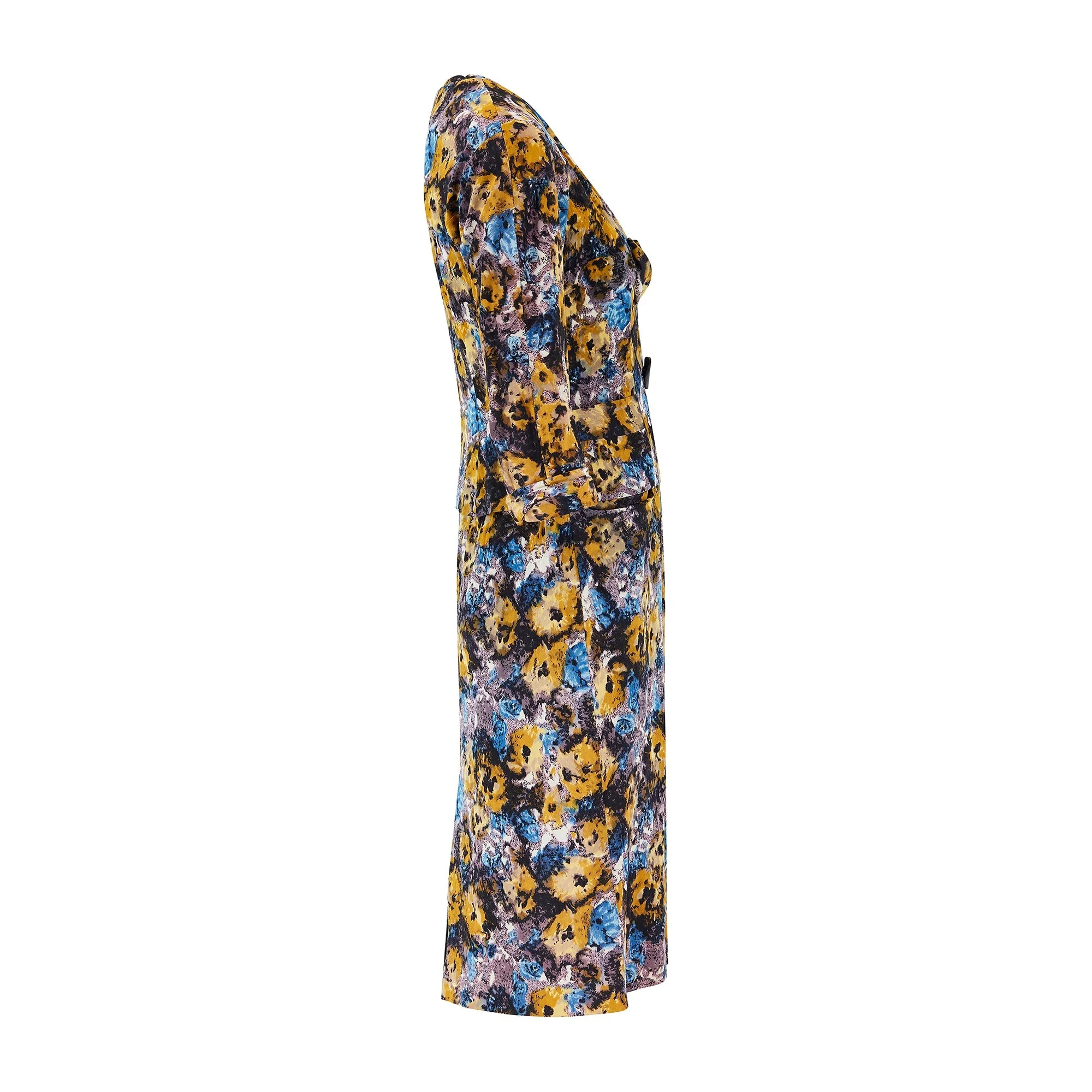 1950s Black Yellow and Blue Floral Jersey Dress Suit - Image 8