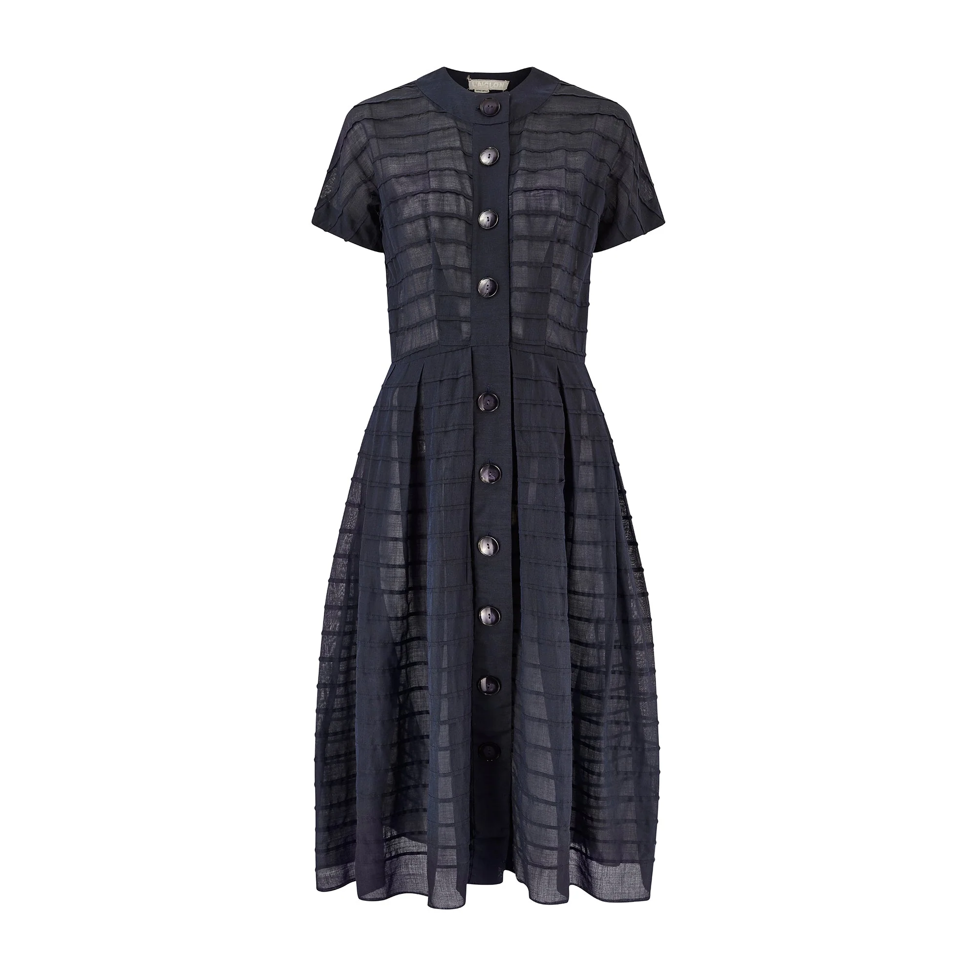 1950s L'Aignon Navy Cotton Short-Sleeve Dress with Pleat Detail - Image 6
