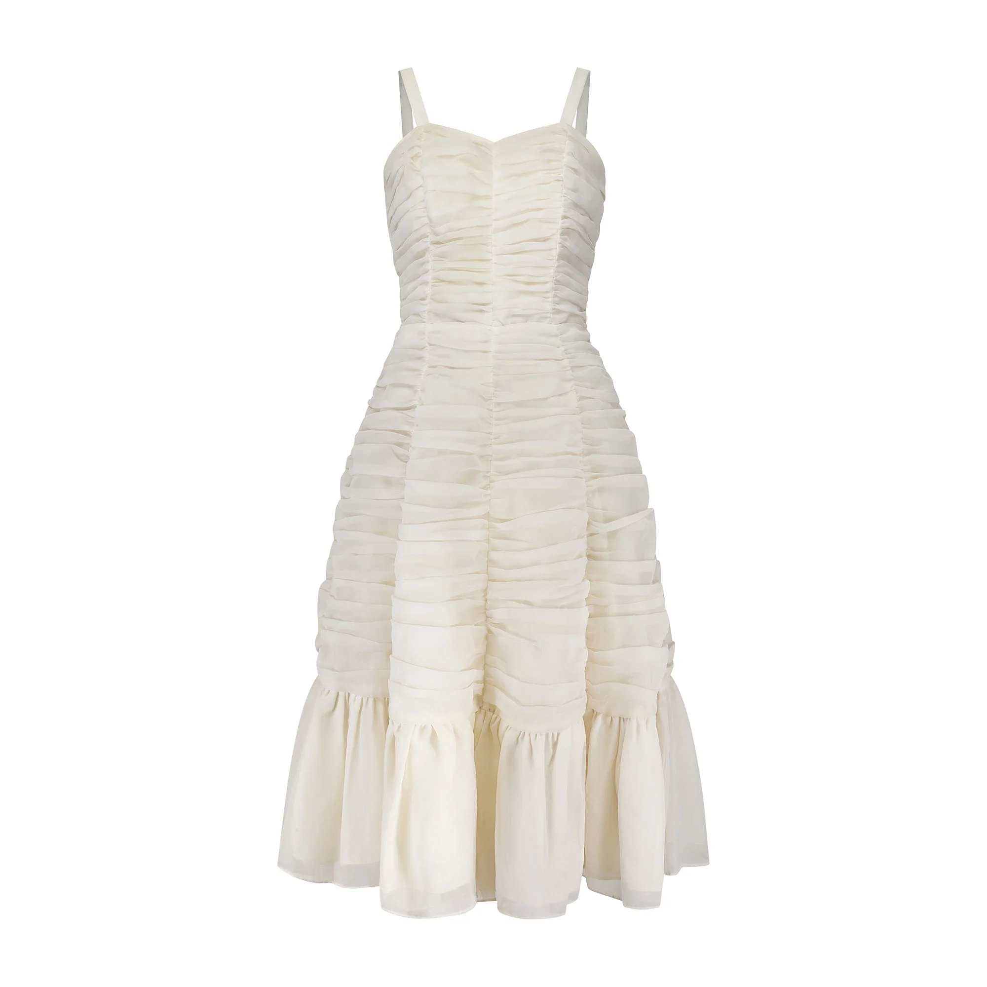 1950s White Ruched Chiffon Midi Dress - Image 5