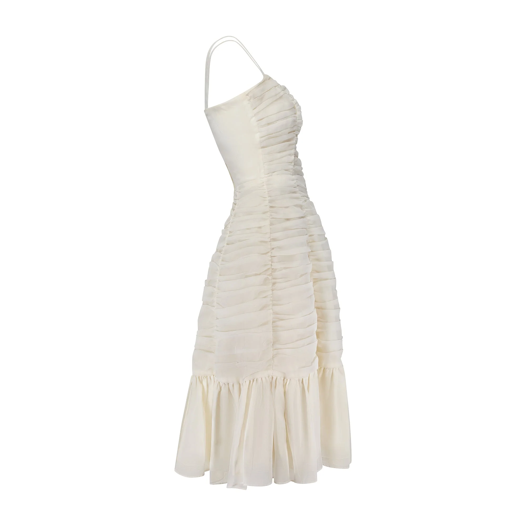 1950s White Ruched Chiffon Midi Dress - Image 6