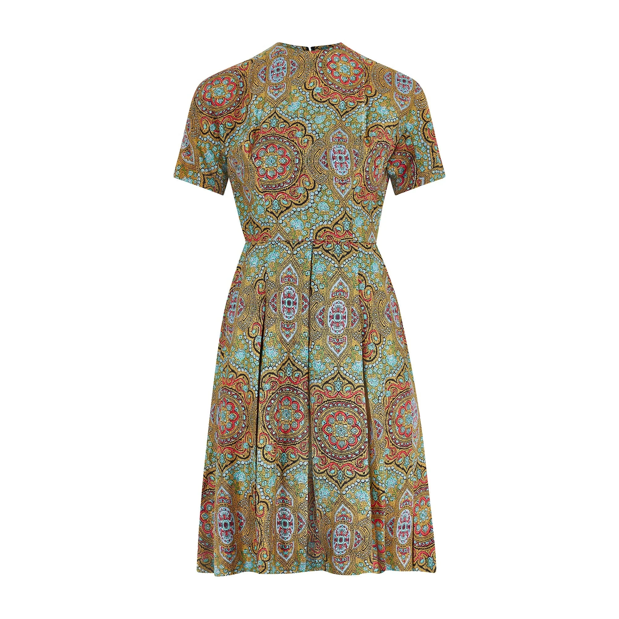 1960s Mustard Paisley Silk Short-Sleeve Pleated Dress - Image 5
