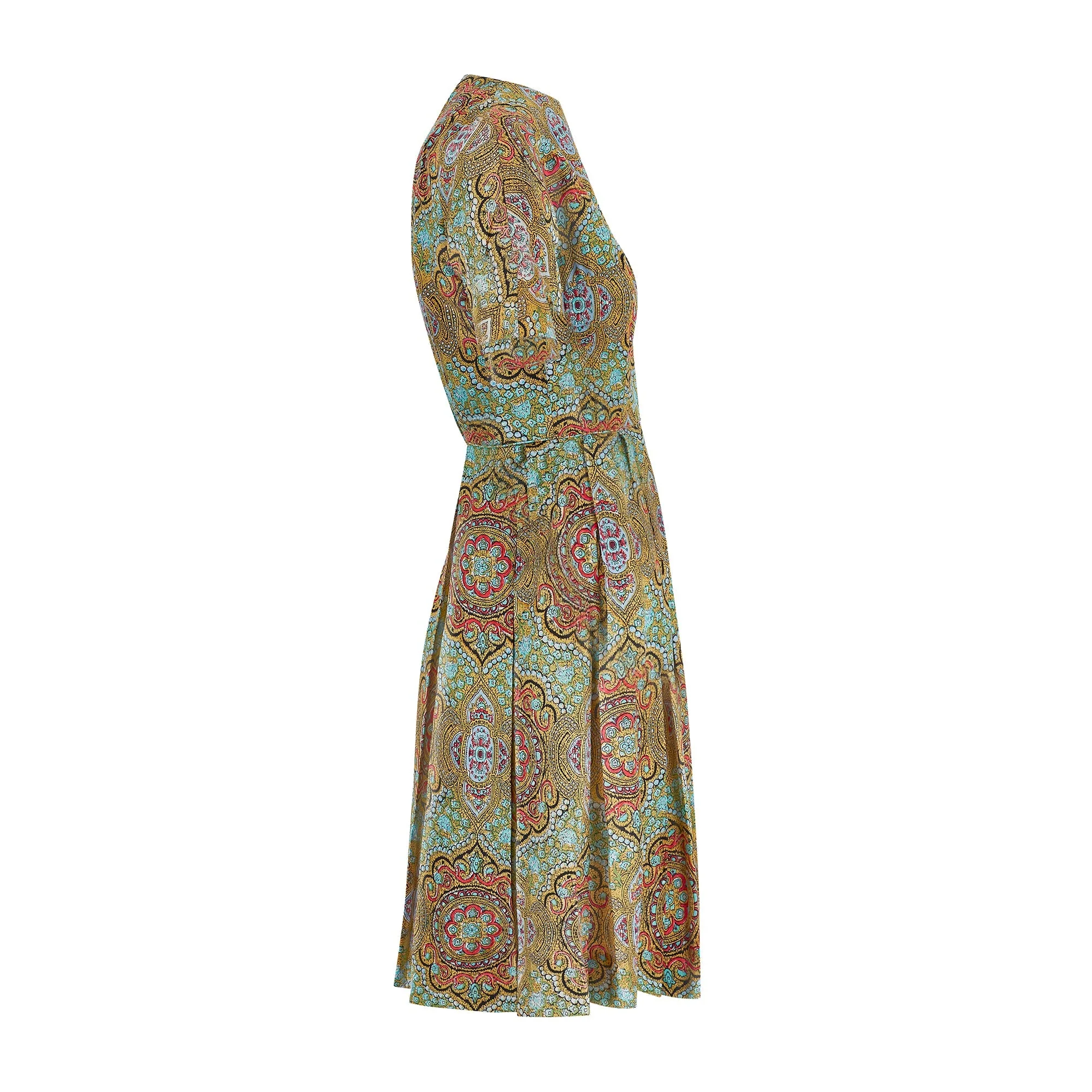 1960s Mustard Paisley Silk Short-Sleeve Pleated Dress - Image 6