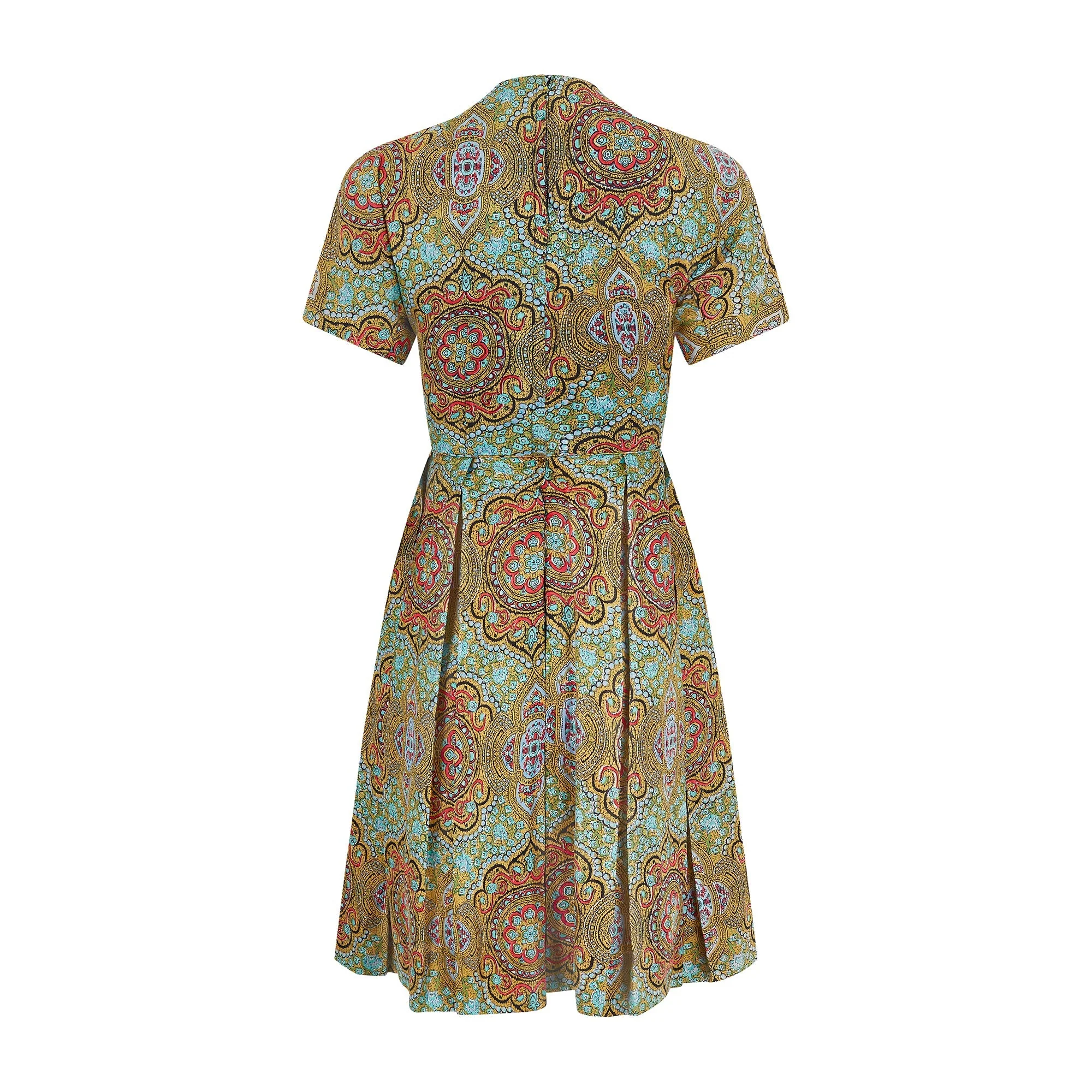 1960s Mustard Paisley Silk Short-Sleeve Pleated Dress - Image 7