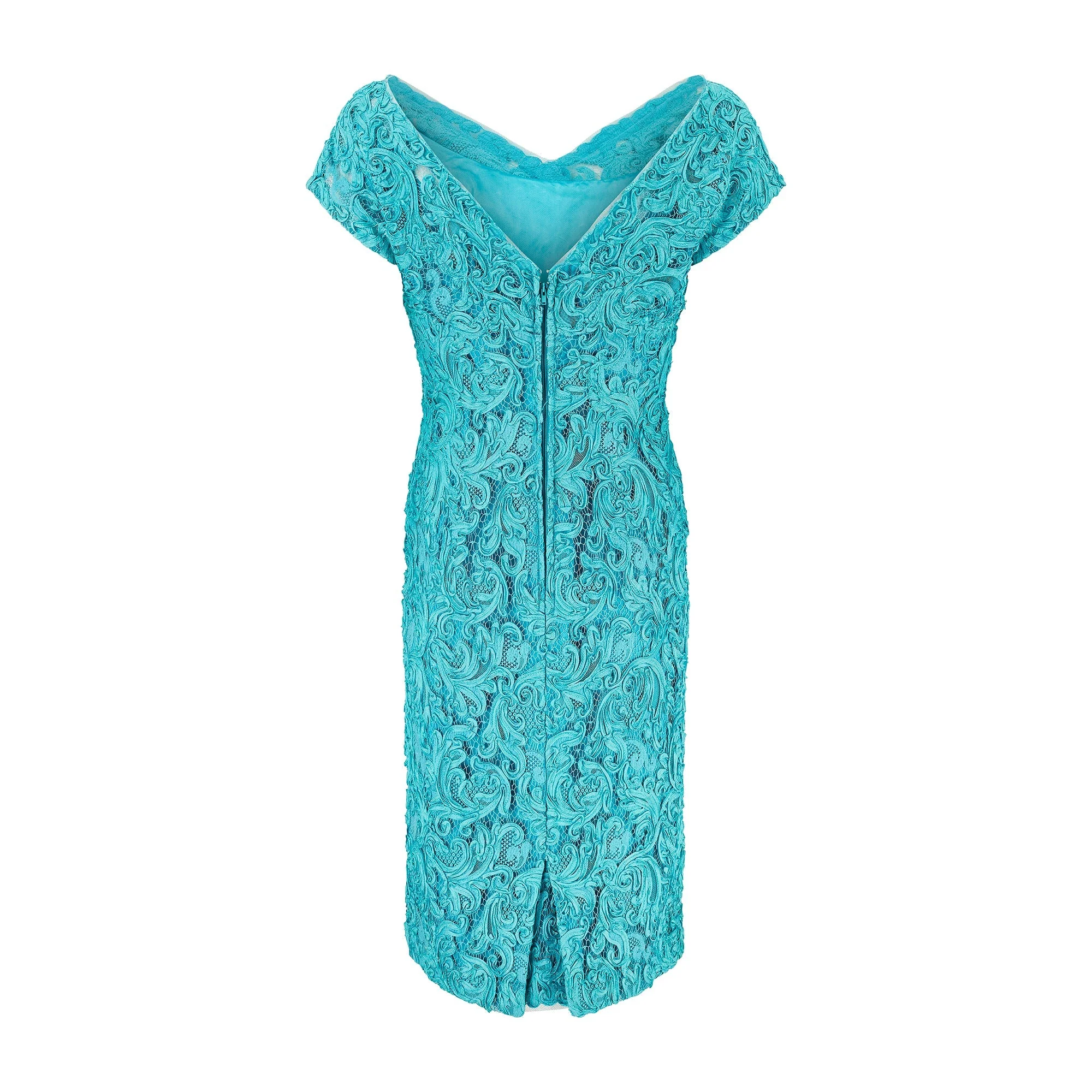 1960s Roter Couture Turquoise Ribbonwork Short-Sleeve Dress - Image 3