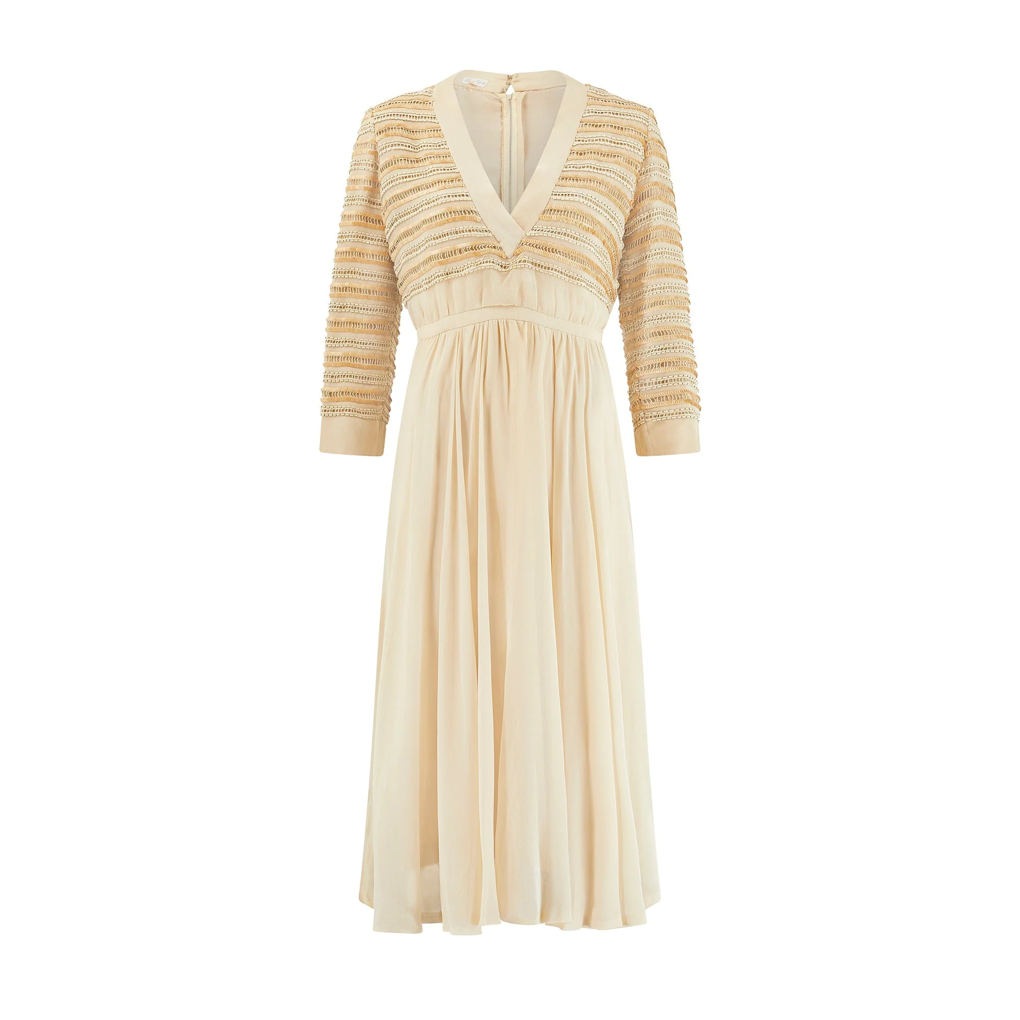 1970s Christian Dior Butterscotch Silk Sequin Trimmed Midi Dress - Image 11