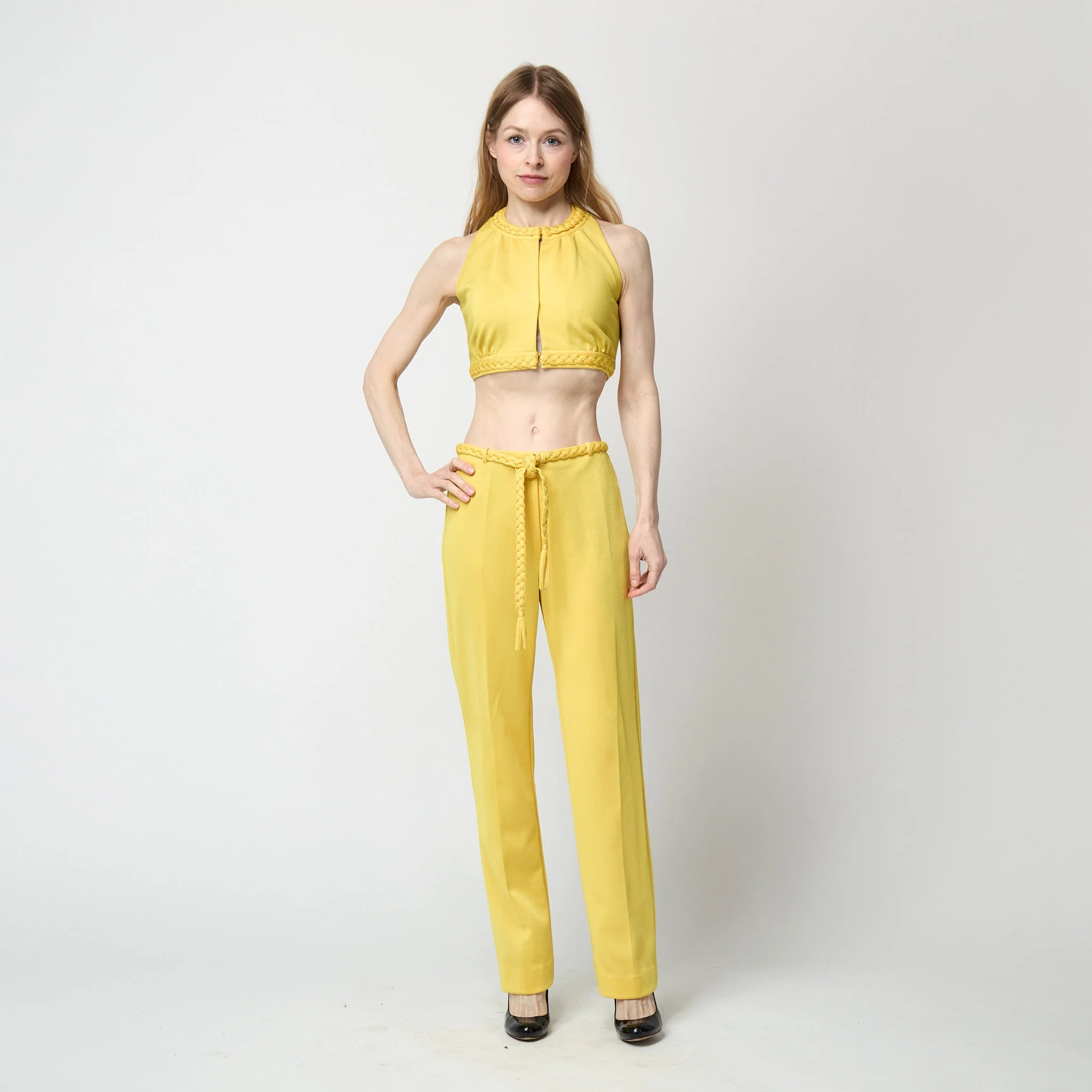 1970s Dana Yellow Jersey Crop Top and Trousers with Braid Detail - Image 15