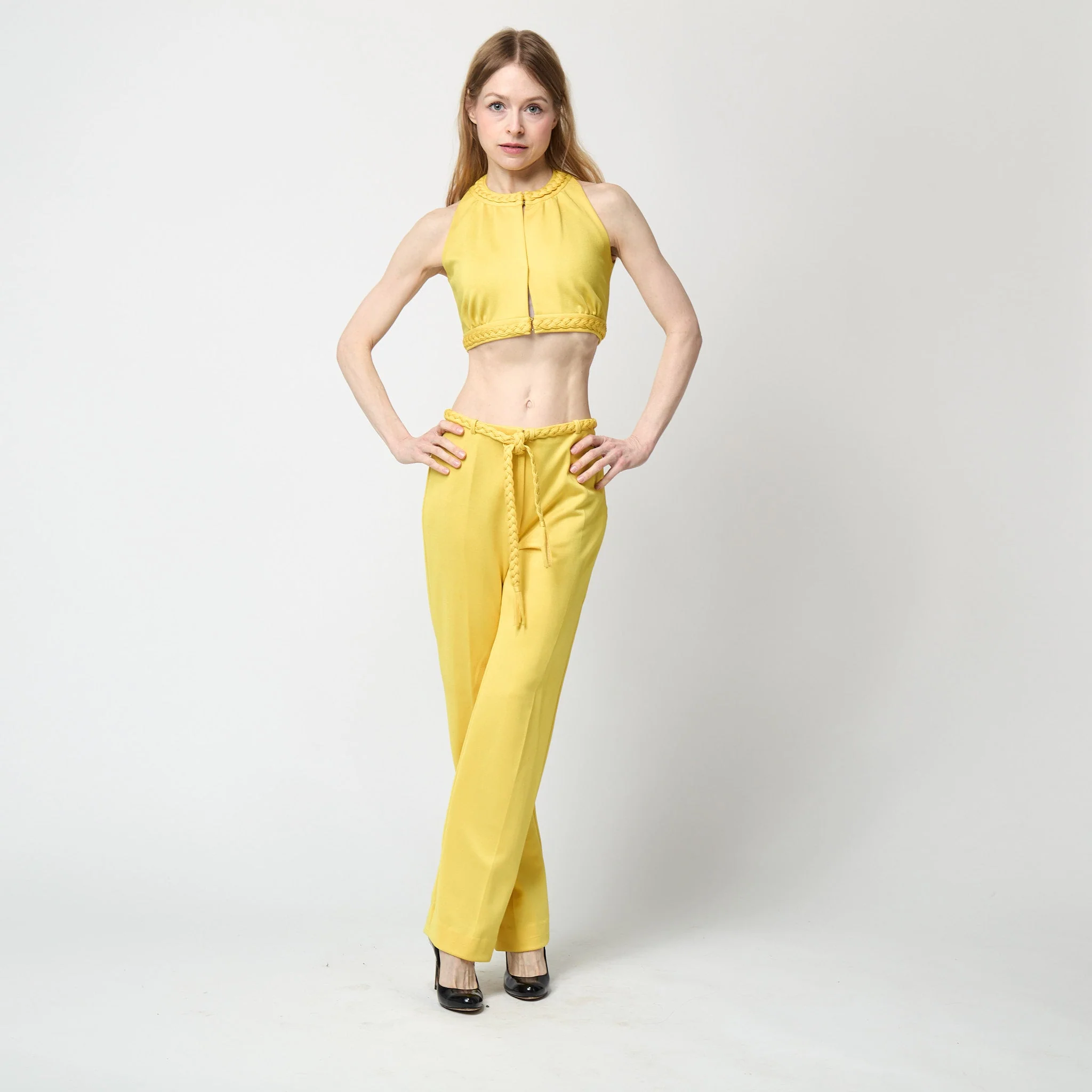 1970s Dana Yellow Jersey Crop Top and Trousers with Braid Detail - Image 16