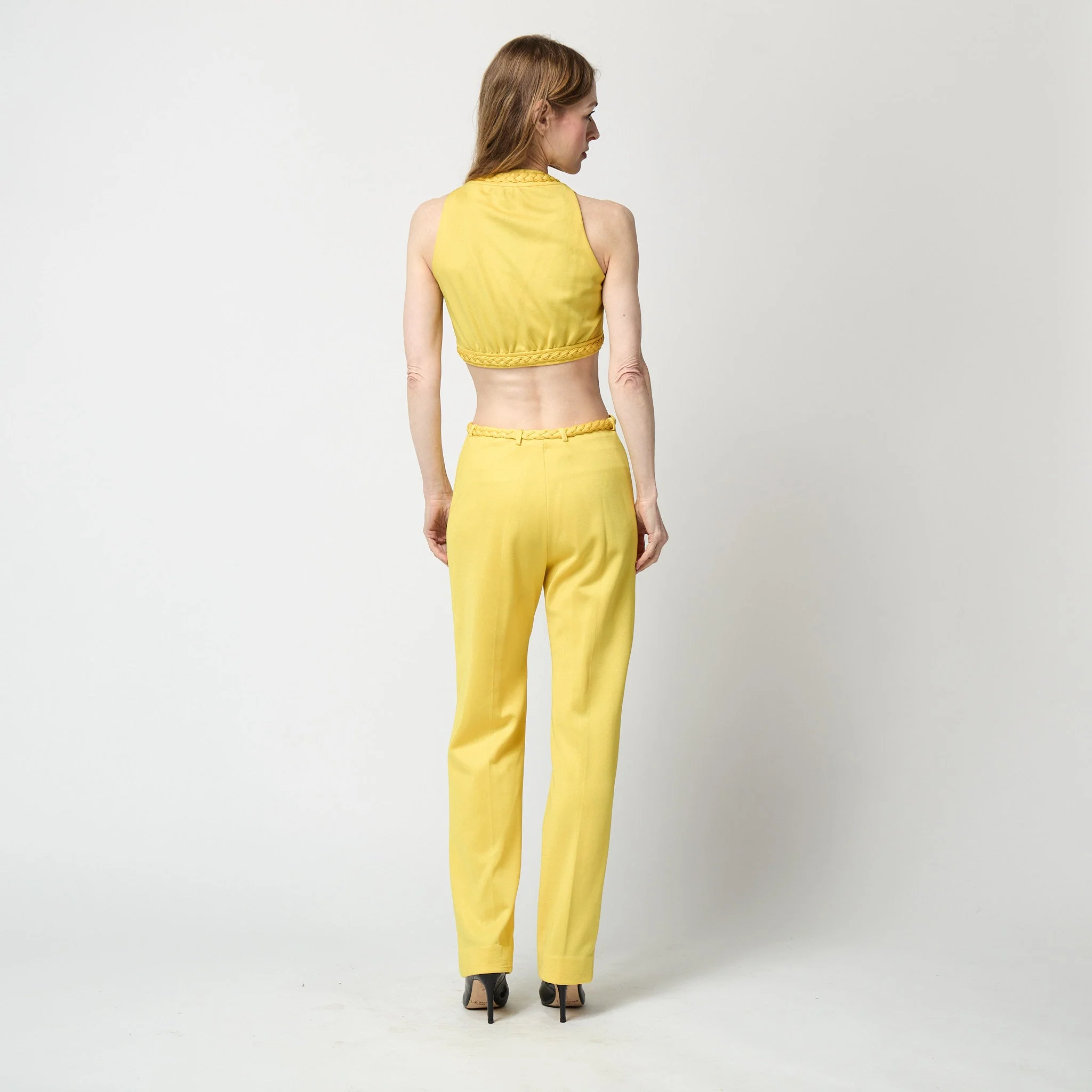 1970s Dana Yellow Jersey Crop Top and Trousers with Braid Detail - Image 17