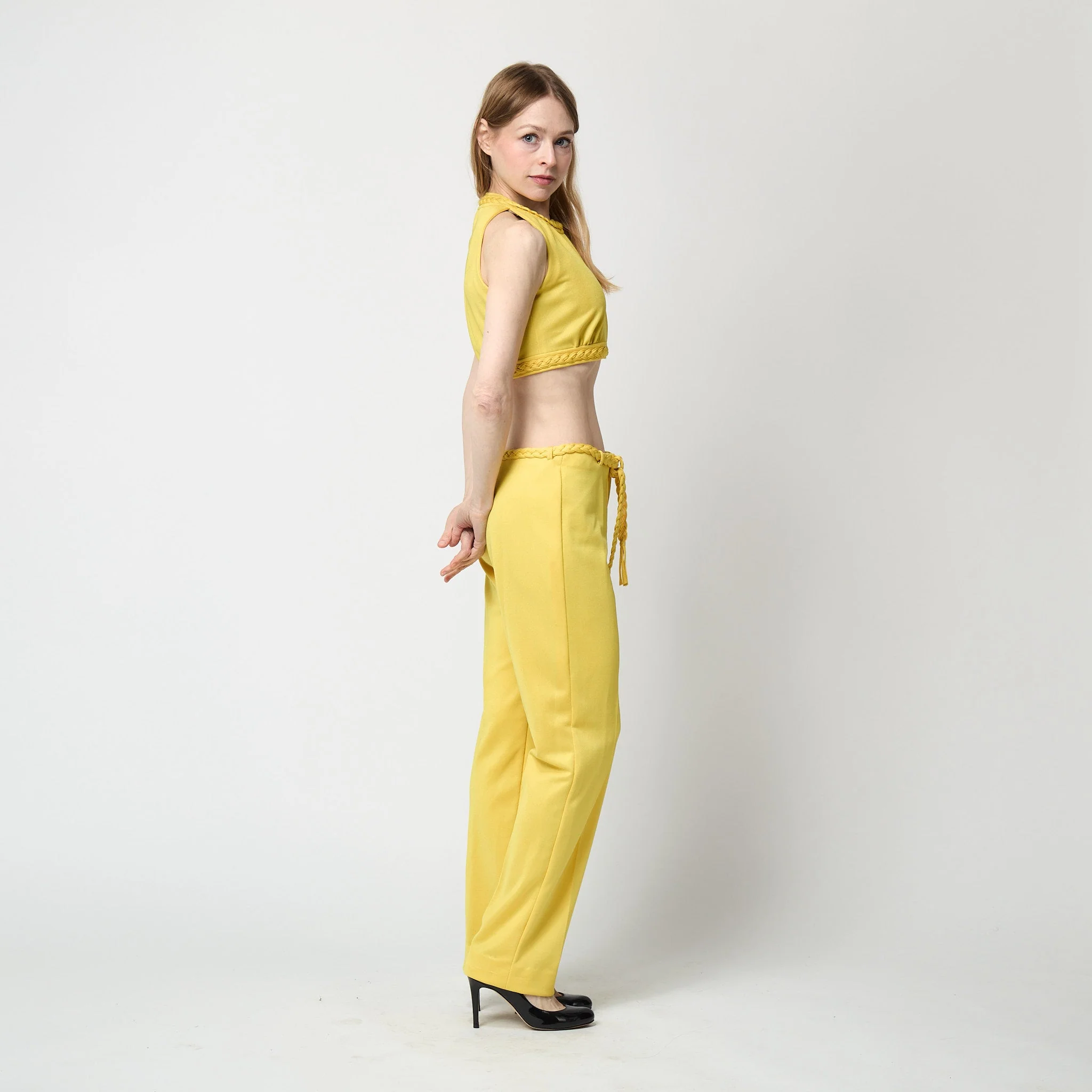 1970s Dana Yellow Jersey Crop Top and Trousers with Braid Detail - Image 18