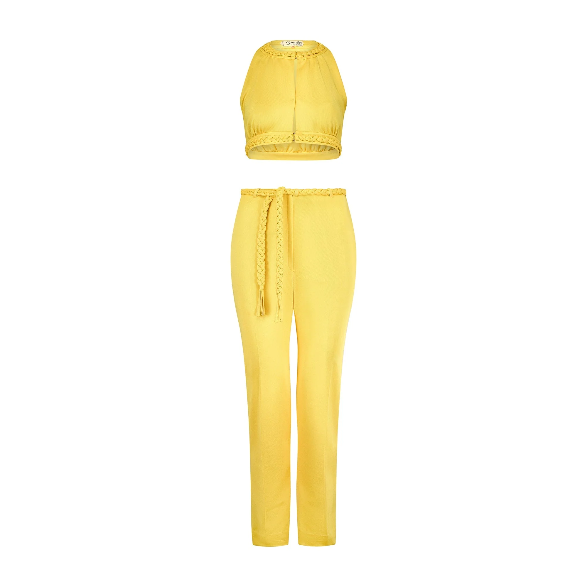 1970s Dana Yellow Jersey Crop Top and Trousers with Braid Detail - Image 8