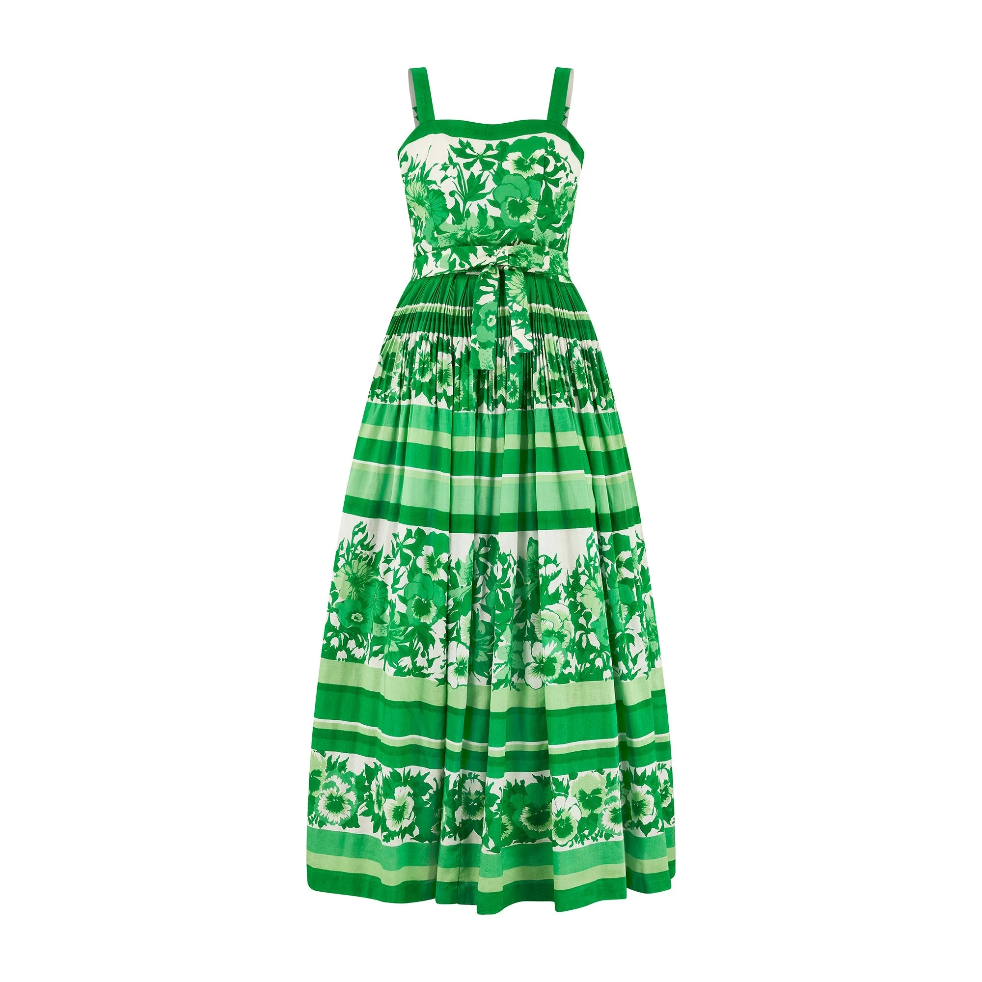 1970s French Couture Green and White Floral Cotton Maxi Dress - Image 5