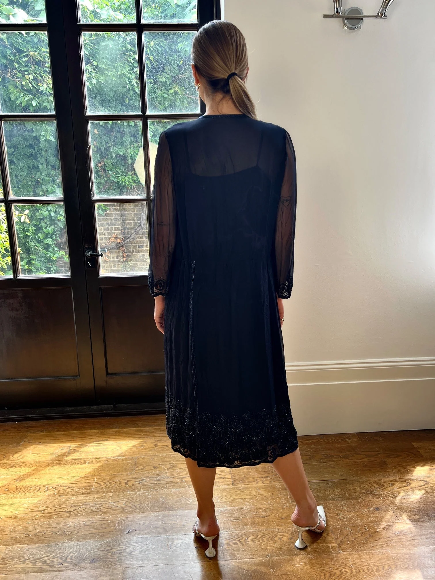 1970s Haute Couture Navy Silk Slip Dress and Beaded Jacket - Image 12