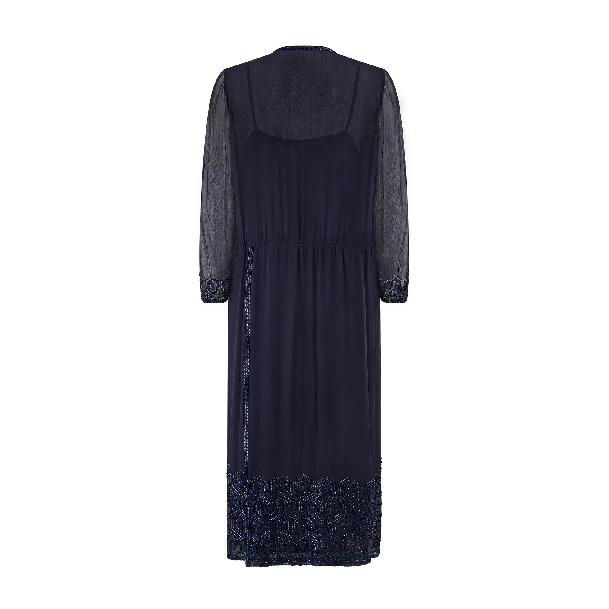 1970s Haute Couture Navy Silk Slip Dress and Beaded Jacket - Image 3