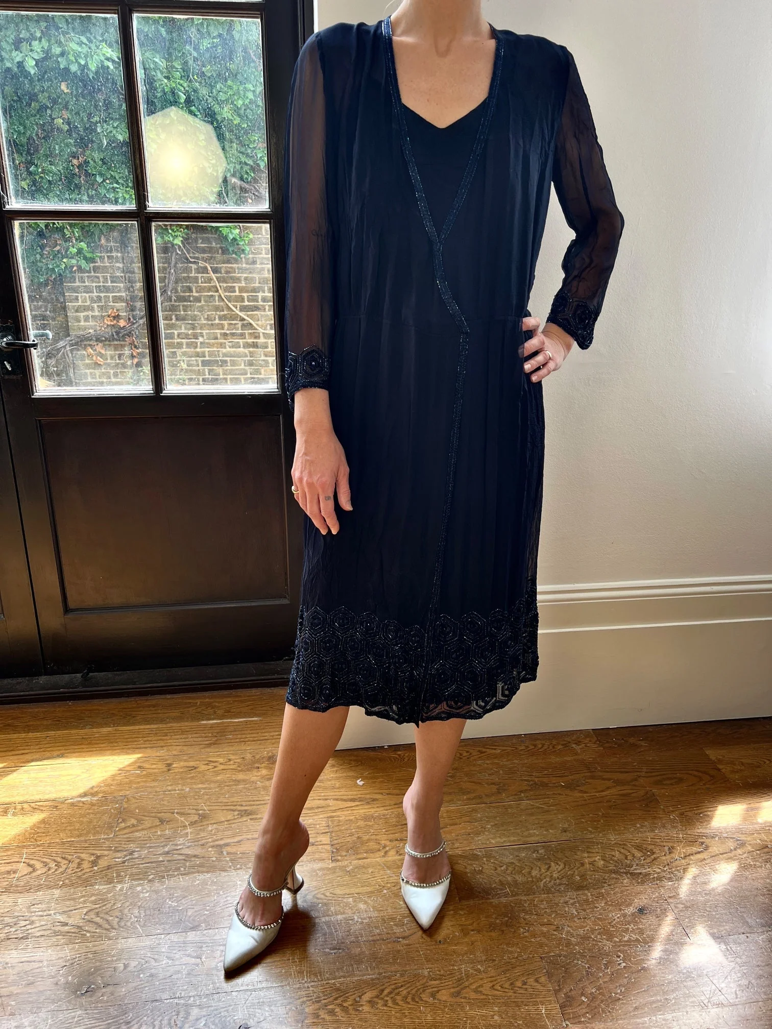 1970s Haute Couture Navy Silk Slip Dress and Beaded Jacket - Image 5