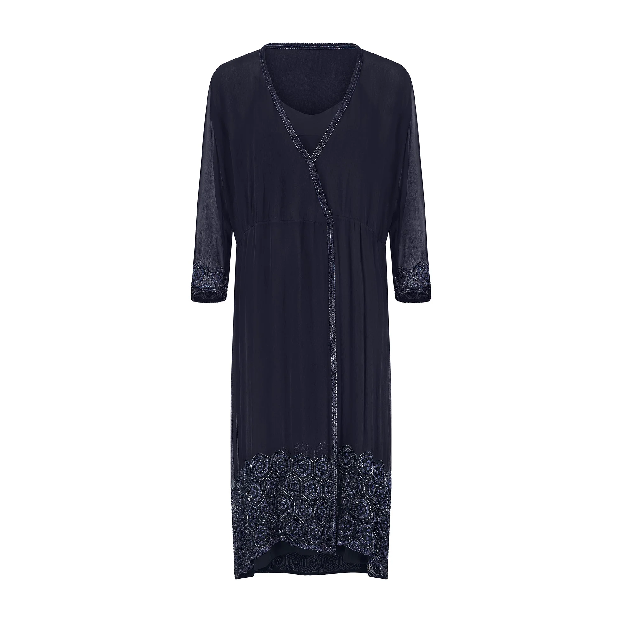 1970s Haute Couture Navy Silk Slip Dress and Beaded Jacket - Image 7