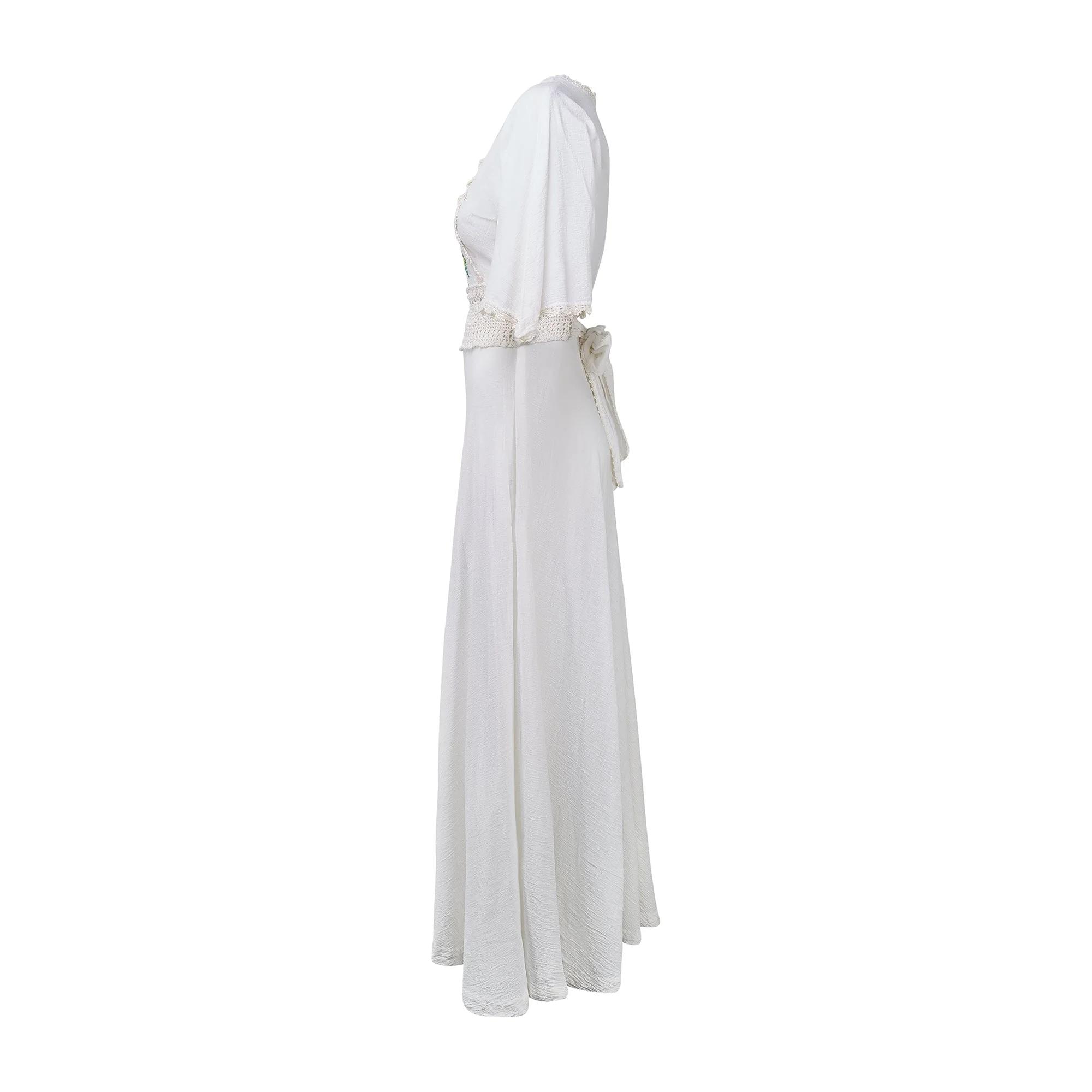 1970s White Cheesecloth and Crochet Dress with Cross Stitch Applique - Image 10