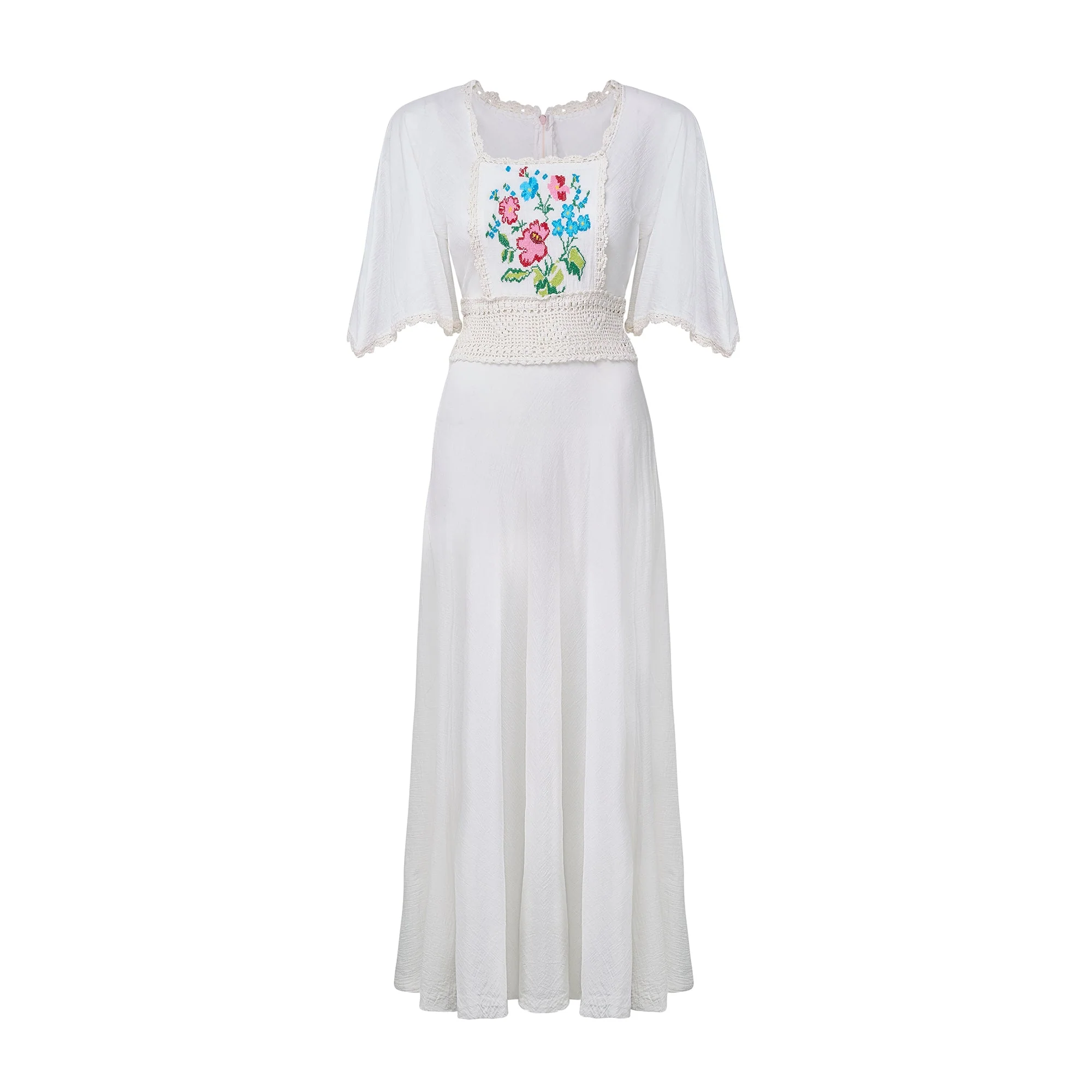 1970s White Cheesecloth and Crochet Dress with Cross Stitch Applique - Image 9