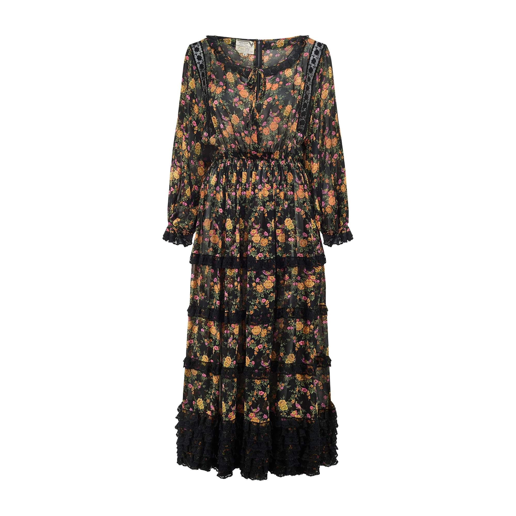 1978 Runway Documented Valentino Floral Black Silk Maxi Dress - Image 11