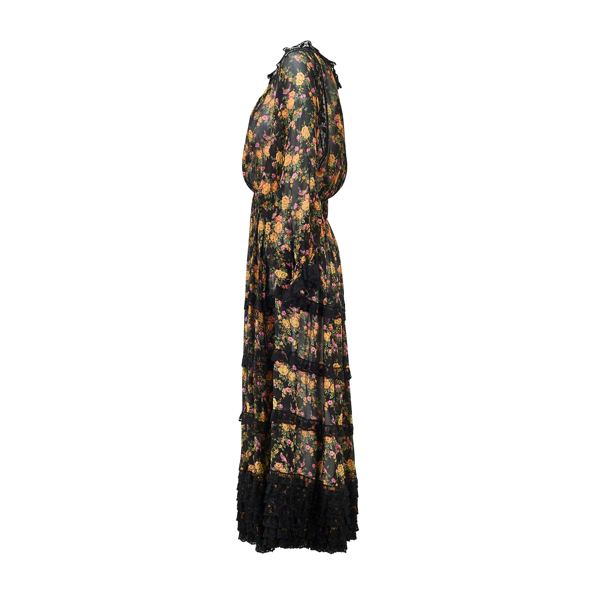 1978 Runway Documented Valentino Floral Black Silk Maxi Dress - Image 12