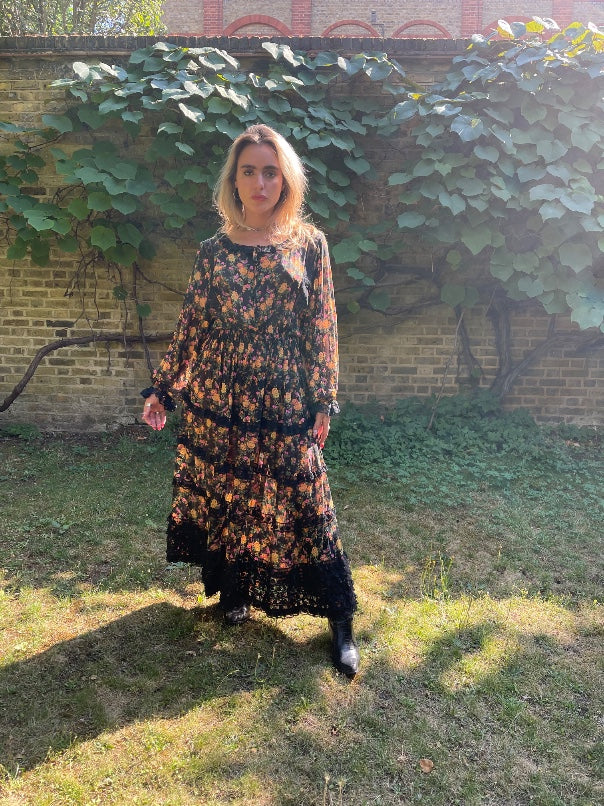 1978 Runway Documented Valentino Floral Black Silk Maxi Dress - Image 15