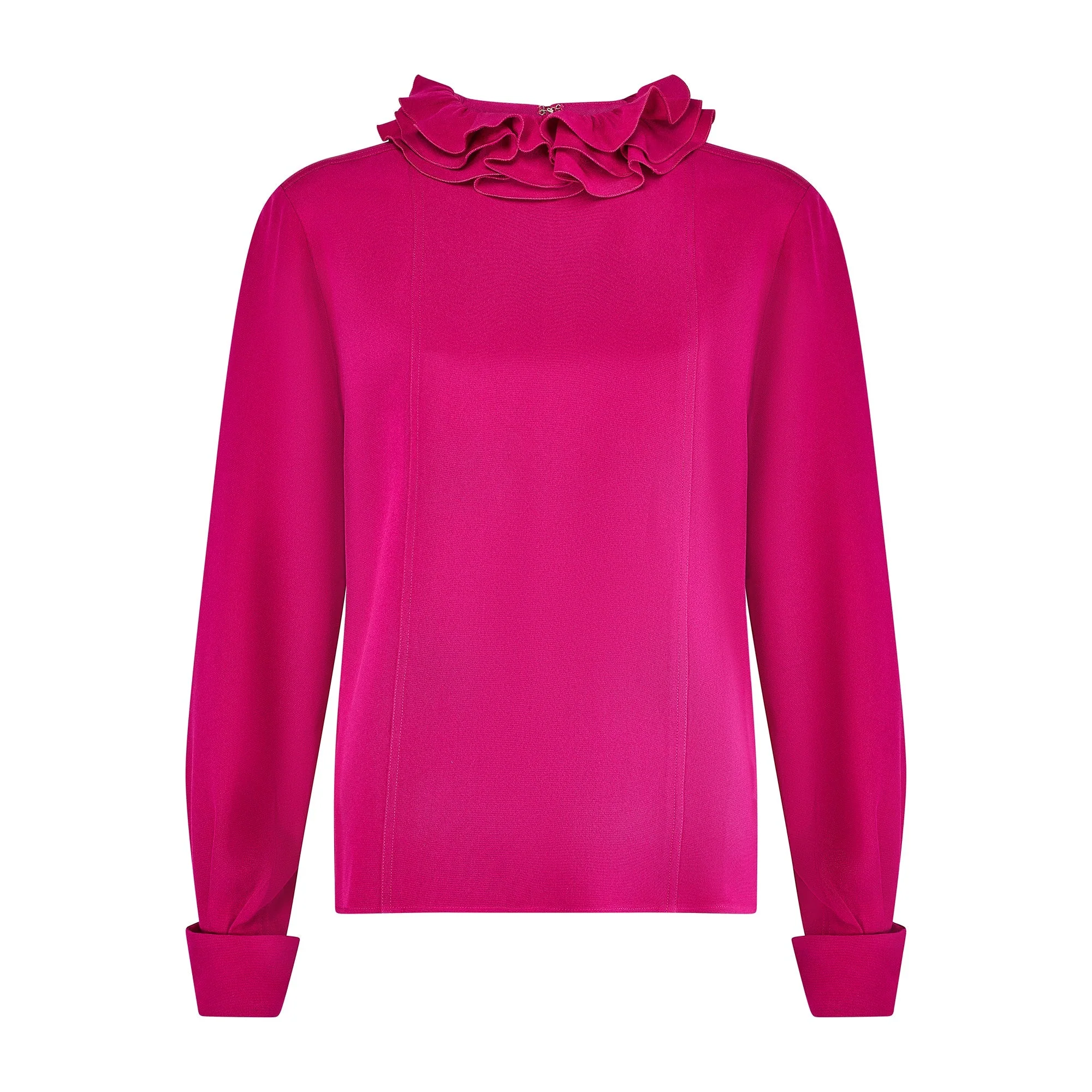 1980s Chanel Fuchsia Heavy Silk Blouse with Ruffle Collar - Image 7