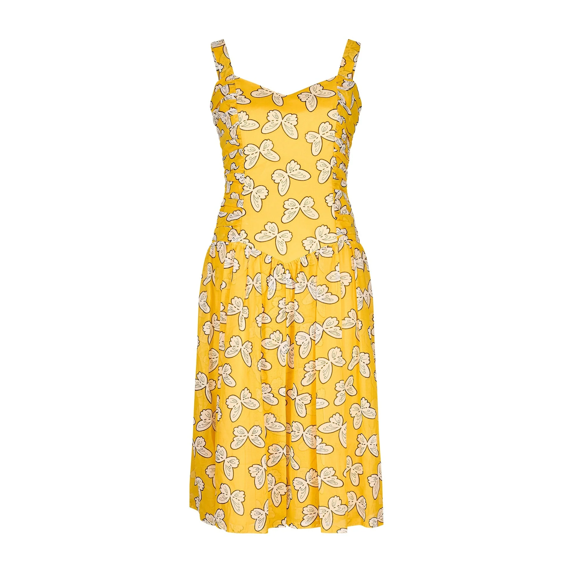 1980s Fink Modell Deadstock Yellow Cotton Butterfly Print Dress - Image 6