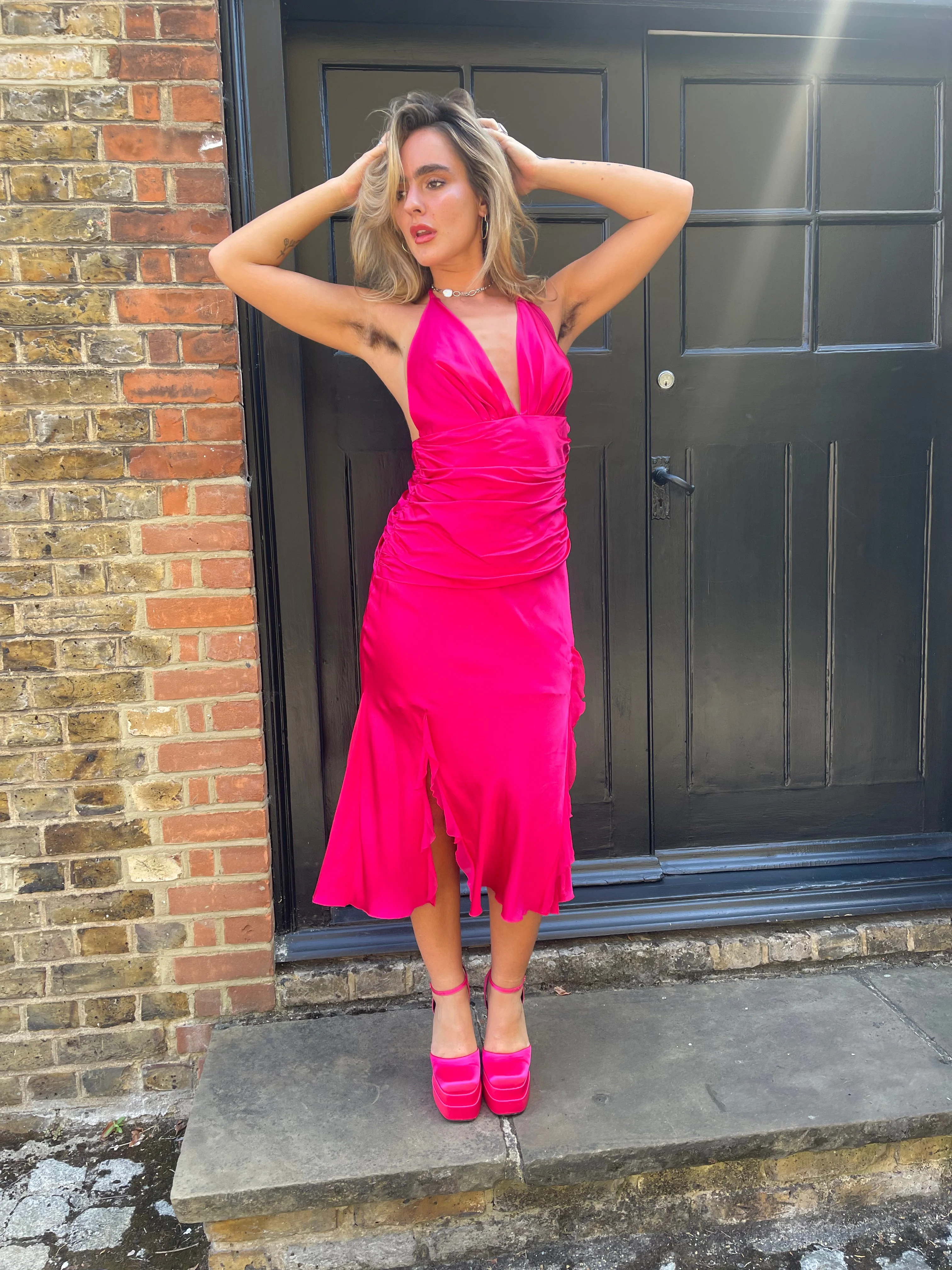 1990s Fuchsia Silk Halter-Neck Midi Dress - Image 14