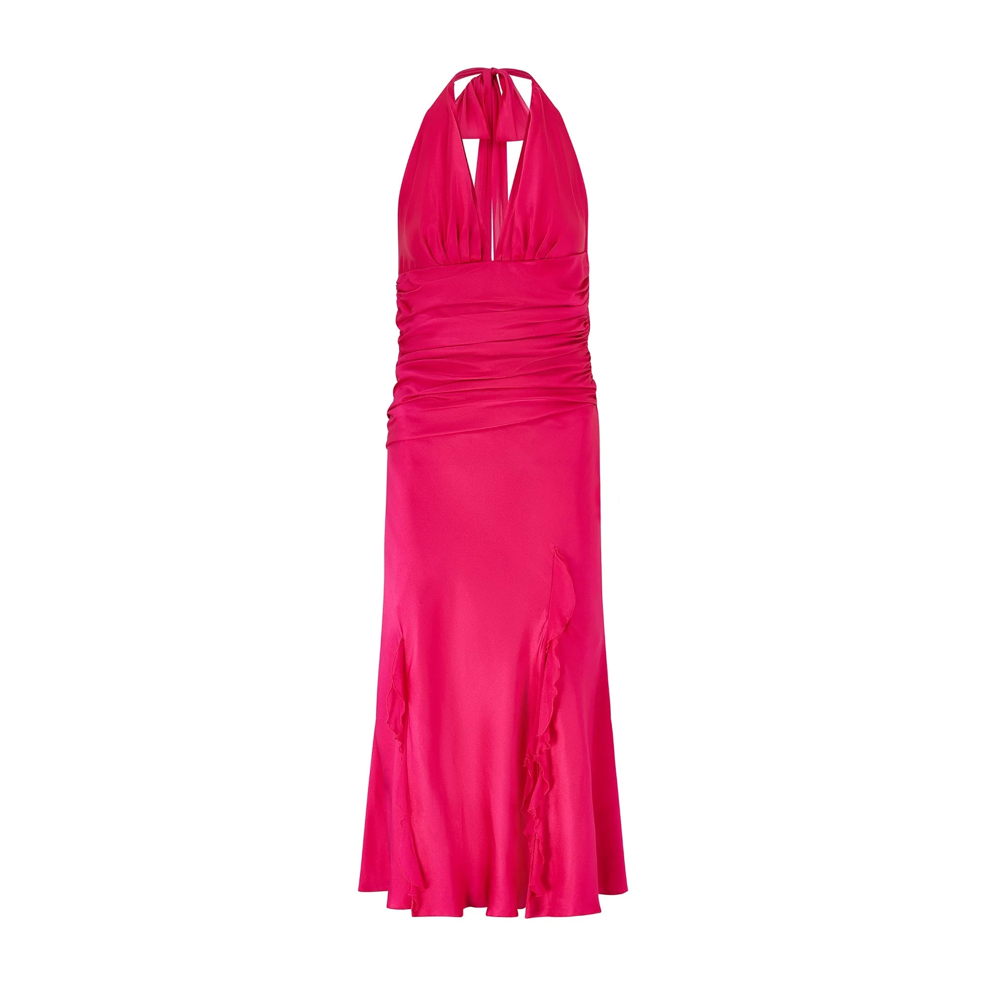 1990s Fuchsia Silk Halter-Neck Midi Dress - Image 9