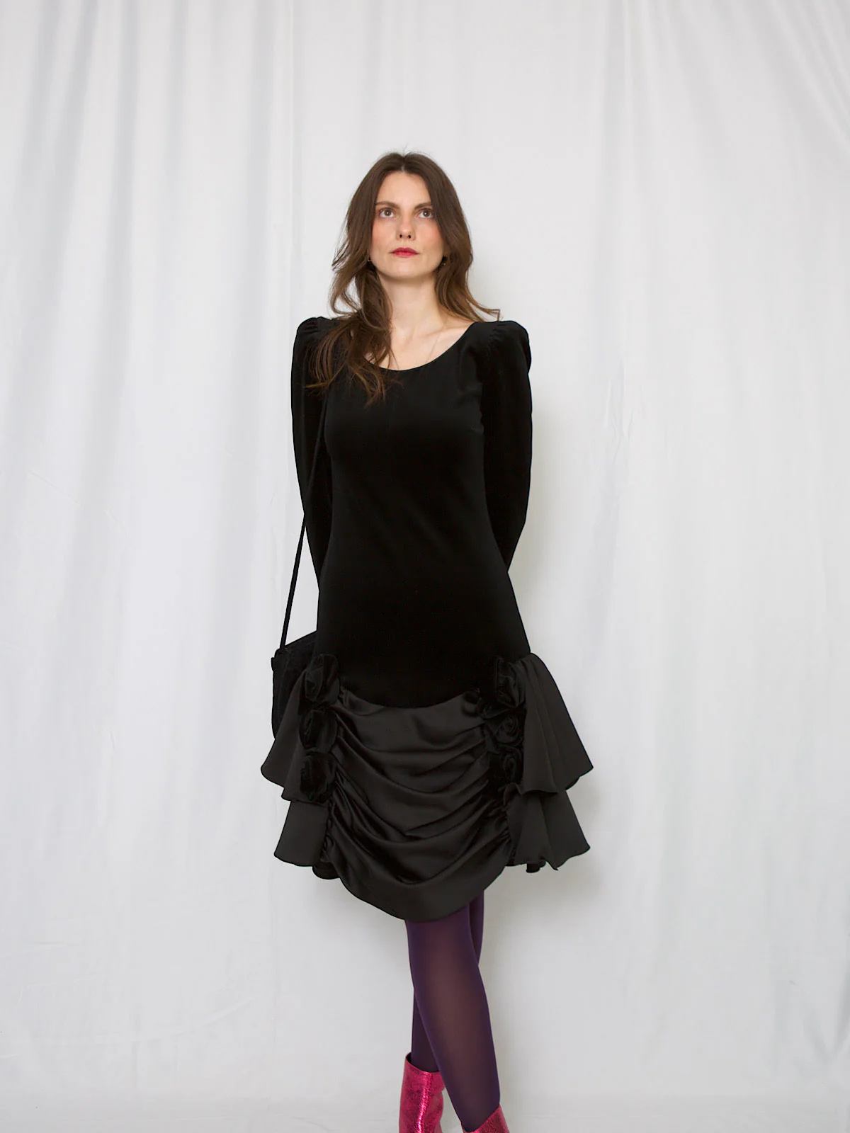 Black velvet and satin cocktail / party dress large roses - Image 3