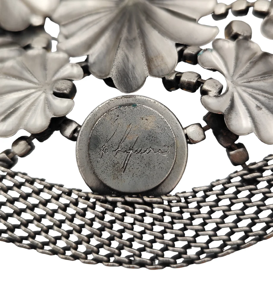 DE LIGUORO MASSIVE SILVER METAL BLUE FLOWERS DESIGN CHEST NECKLACE - Image 10