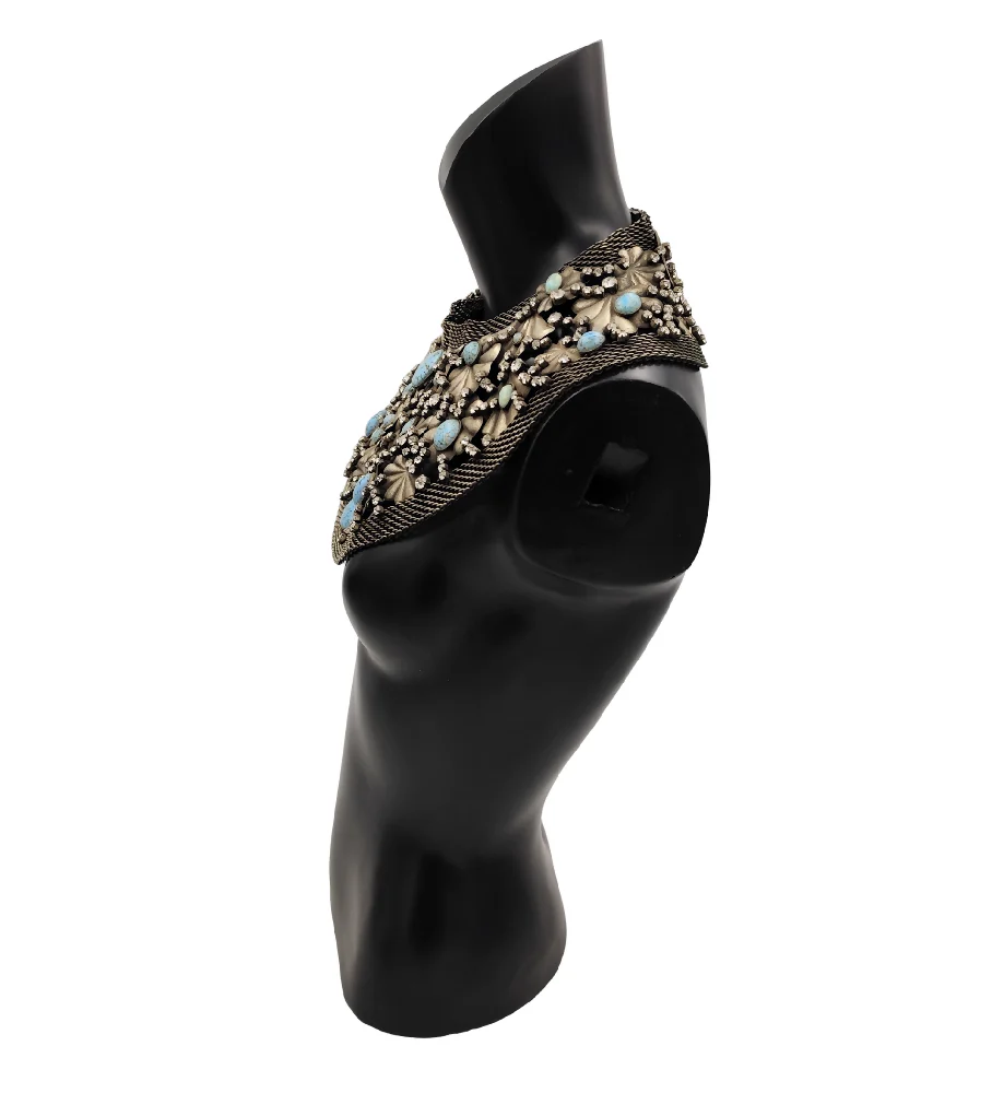 DE LIGUORO MASSIVE SILVER METAL BLUE FLOWERS DESIGN CHEST NECKLACE - Image 3