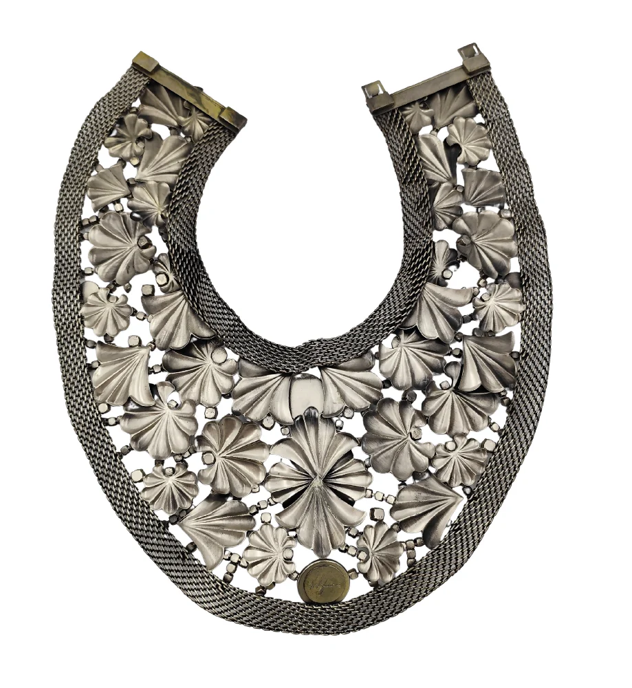 DE LIGUORO MASSIVE SILVER METAL BLUE FLOWERS DESIGN CHEST NECKLACE - Image 5