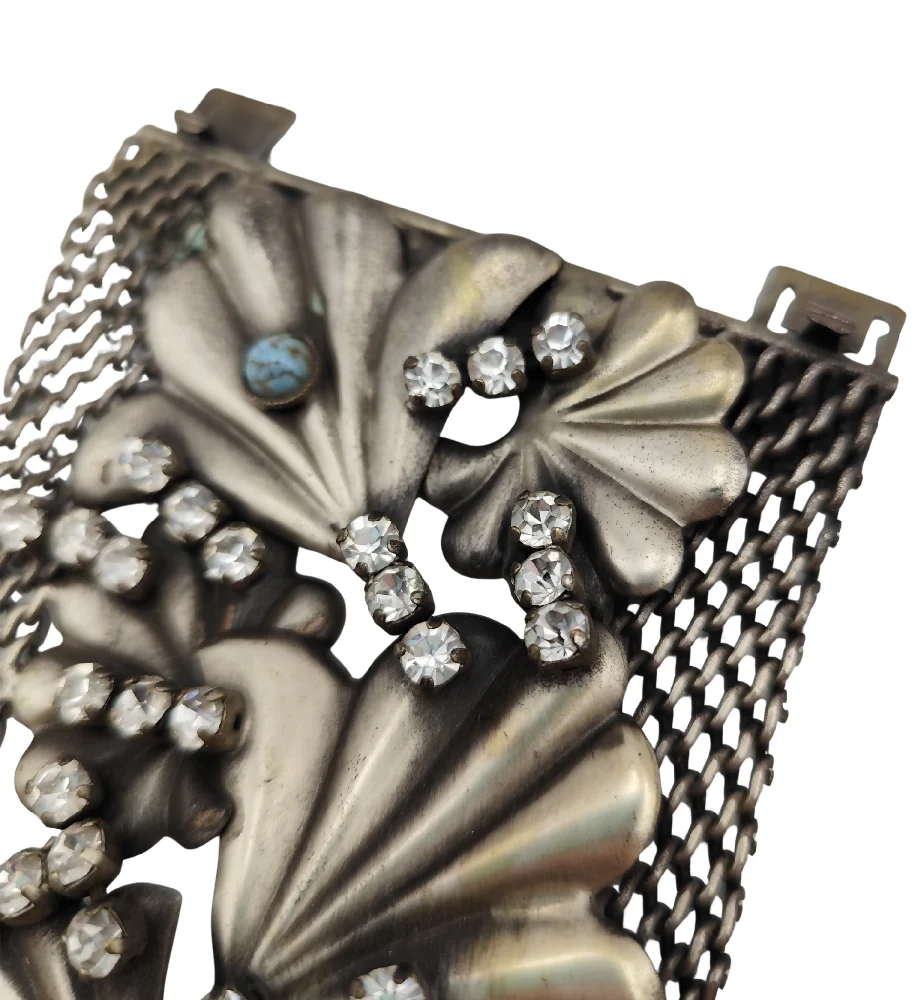 DE LIGUORO MASSIVE SILVER METAL BLUE FLOWERS DESIGN CHEST NECKLACE - Image 7