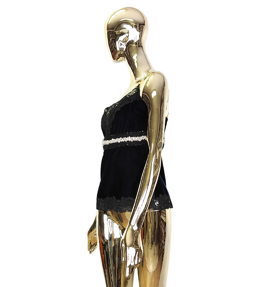 DOLCE & GABBANA BLUE VELVET PEARLS AND LACE TOP - Image 4