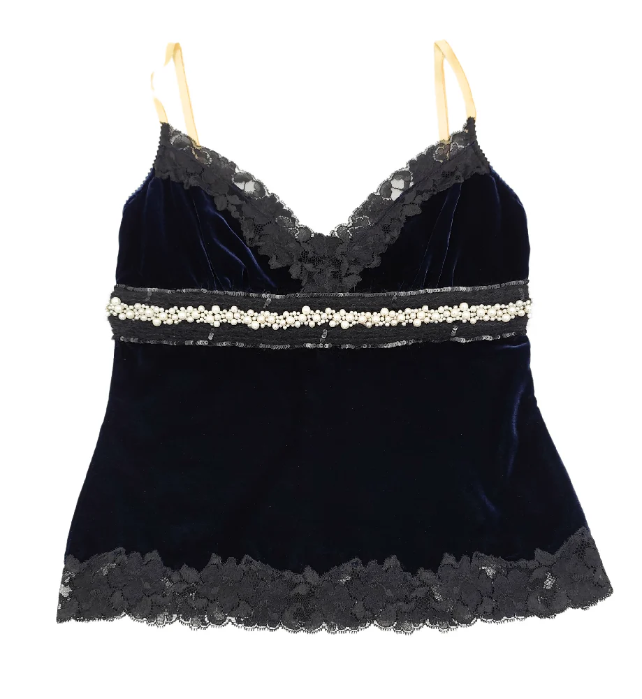DOLCE & GABBANA BLUE VELVET PEARLS AND LACE TOP - Image 5