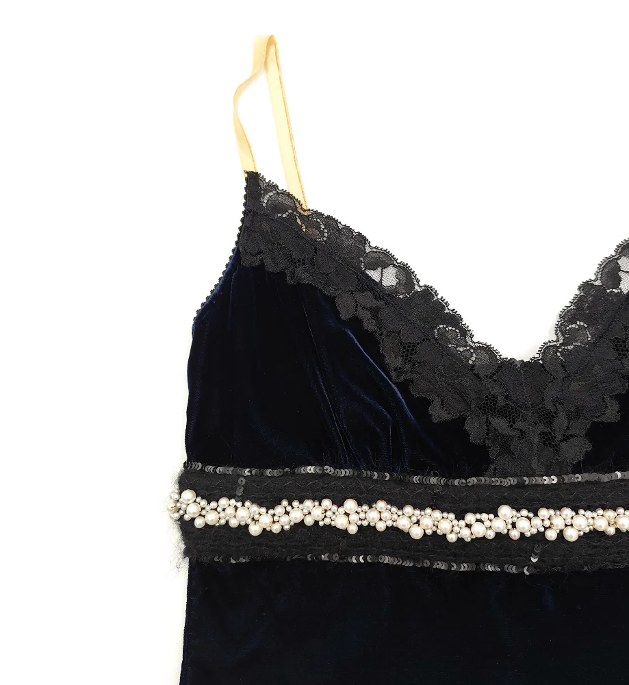 DOLCE & GABBANA BLUE VELVET PEARLS AND LACE TOP - Image 6