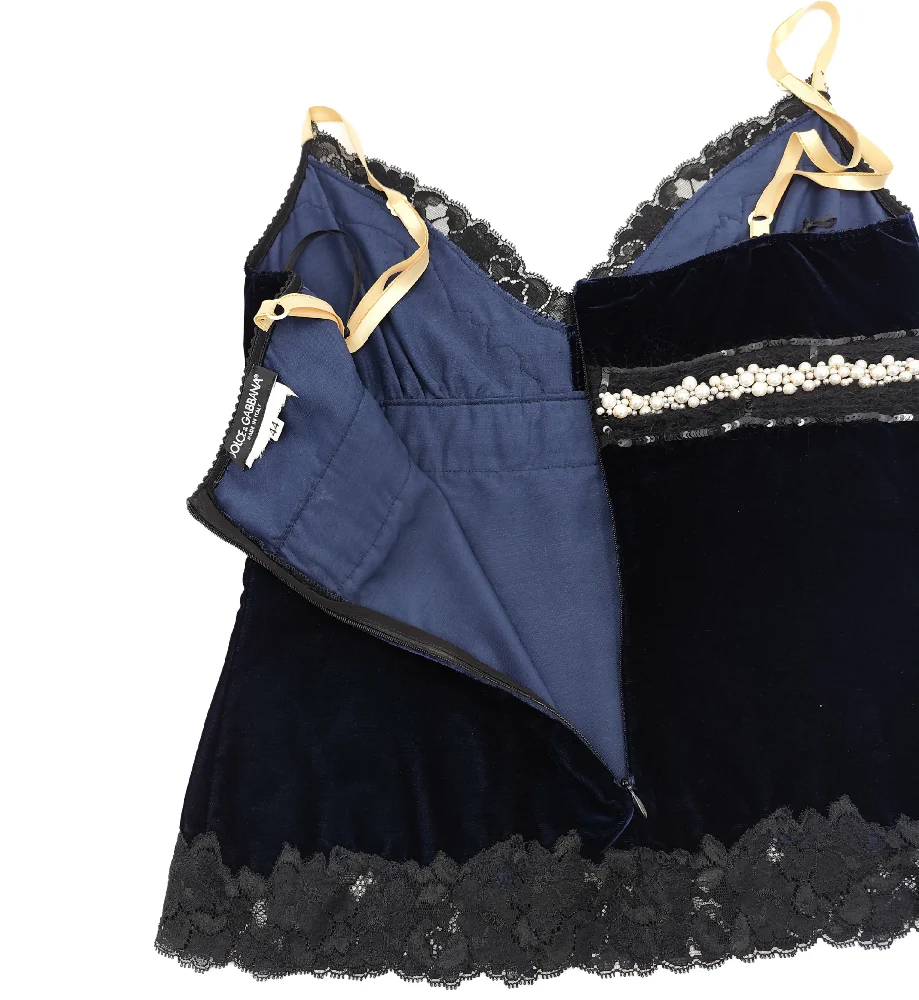DOLCE & GABBANA BLUE VELVET PEARLS AND LACE TOP - Image 8