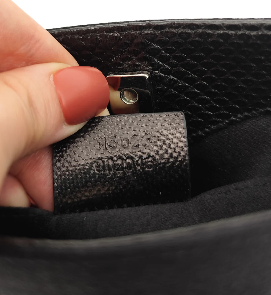 GUCCI BY TOM FORD BLACK SILK AND LIZARD RHINESTONES LOGO REINS THONG MINI BAG - Image 10