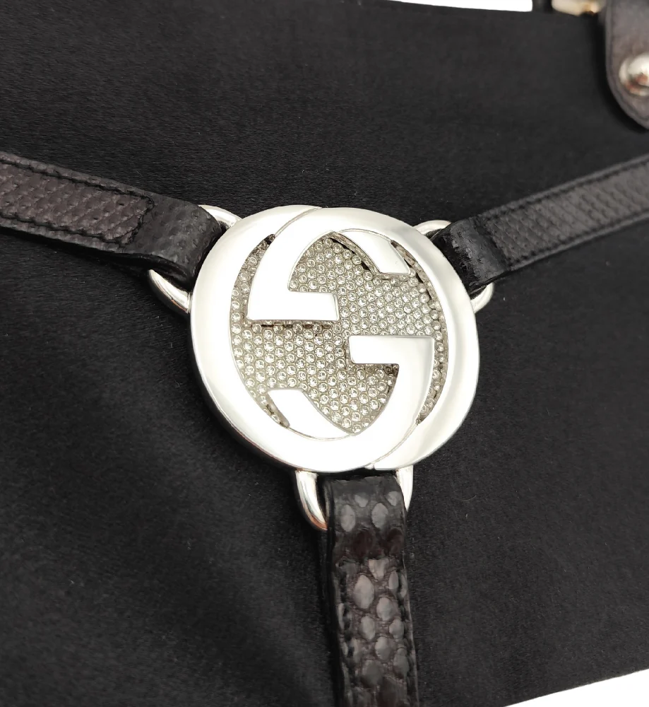 GUCCI BY TOM FORD BLACK SILK AND LIZARD RHINESTONES LOGO REINS THONG MINI BAG - Image 3