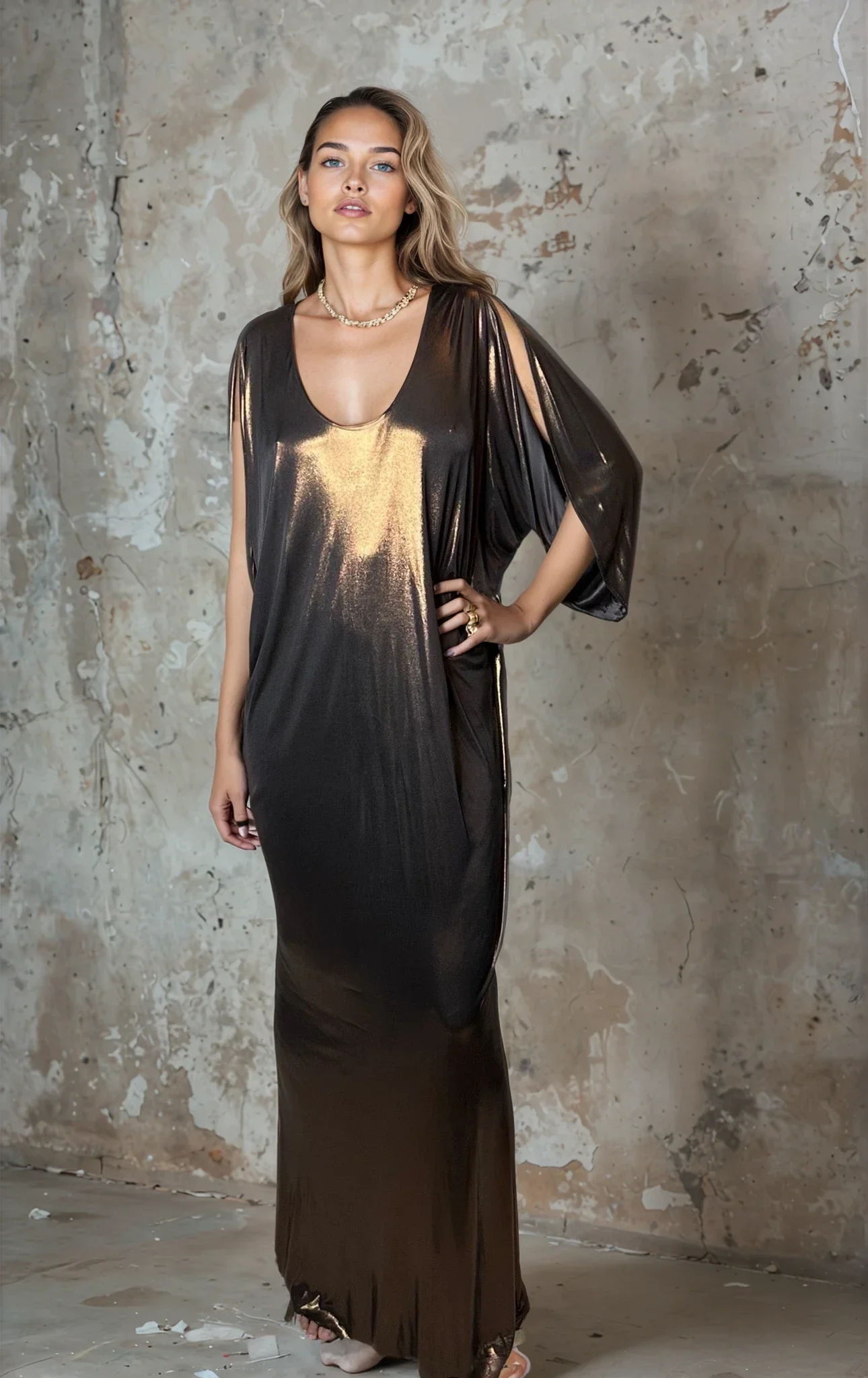 Incredible Vintage Halston Gold / Bronze Kaftan Dress Uk 8 - 14 - Image 4